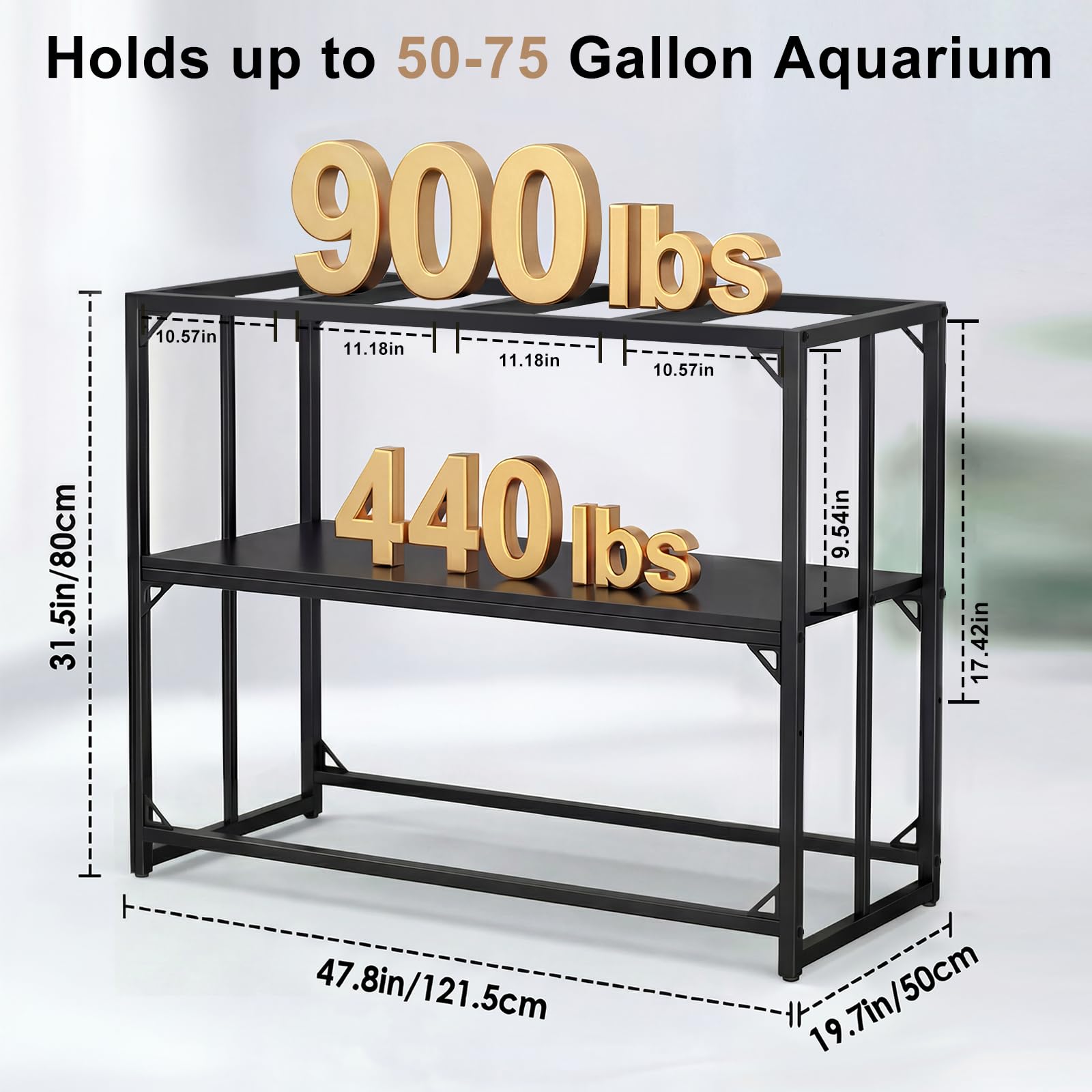 Supporto per acquario, in metallo resistente, per acquario, per rettili, tartarughe, allevatori, capacità 408,2 kg, con ripiani portaoggetti a 2 ripiani (121,4 x 50 x 80 cm)