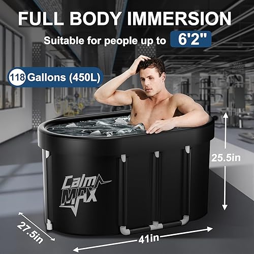 Miniatura 5 de CalmMax Bañera de hielo ovalada con cubierta para atletas, tamaño XL, portátil, capacidad de 130 galones para terapia de agua fría, baños de hielo