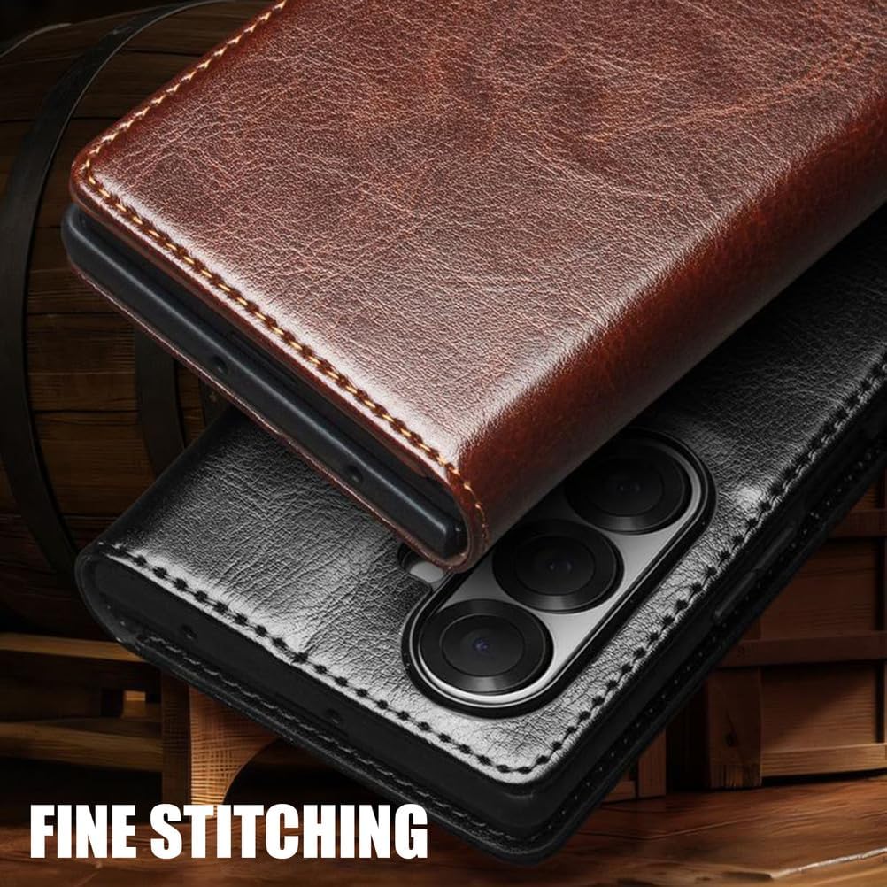 Wallet Case for Samsung Galaxy Z Fold 7, Classic Luxury Genuine Cowhide Leather Phone Cover Card Slots Flip Full Protection Internal Shell Brown