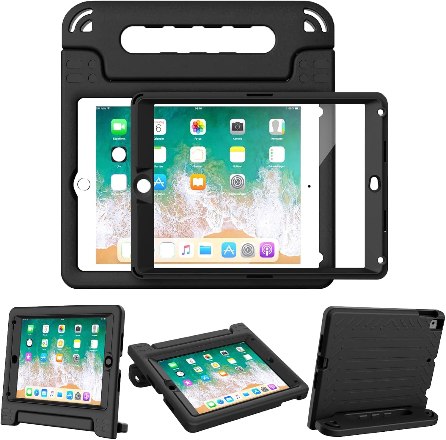 BMOUO Kids Case for iPad 9.7 Inch 2018/2017,iPad Air 2 - with Screen Protector, Shockproof Kids Case Cover Handle Stand Case for iPad 9.7 Inch 2017/2018 (iPad 5th and 6th Generation),iPad Air 2, Black