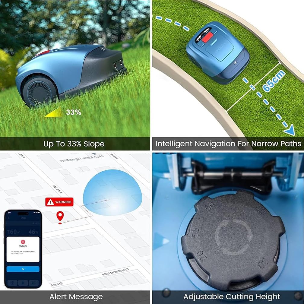 Robot cortacésped automático, control por aplicación, impermeable, bajo ruido, altura de corte 20-55 mm, ideal para césped de hasta 300 m², planificación eficiente de trayectorias