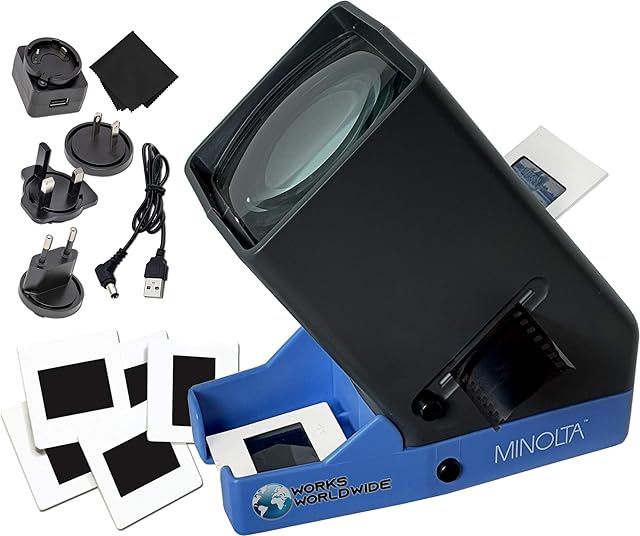MINOLTA 35mm Desk Top Portable LED Slide and Negative Viewer Luminated 3X Magnify  for 2"x2" Slides & Positive Negatives - Worldwide AC Adapter & Plugs, Battery Operation & Cloth