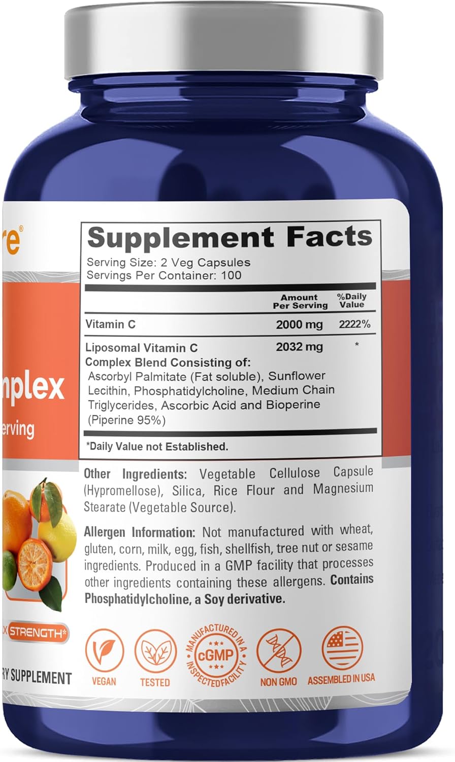 NusaPure Liposomal Vitamin C 2032mg - 200 Veggie Vegan Capsules, BioPerine - High Absorption Ascorbic Acid