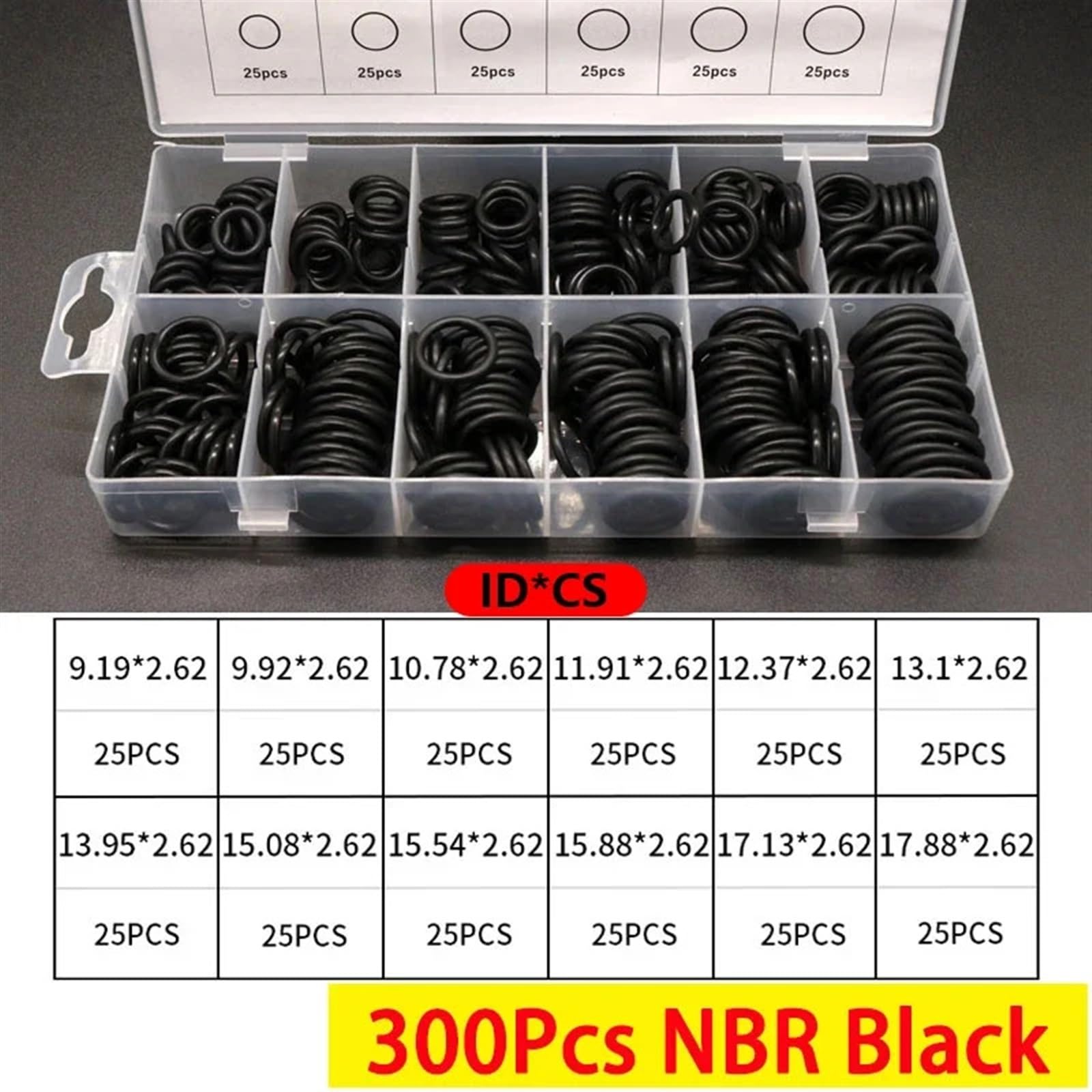 Juego de juntas tóricas de goma VMQ NBR FKM en caja, surtido de juntas tóricas de color rojo, negro y verde for juntas de automóviles(300Pcs NBR Black)