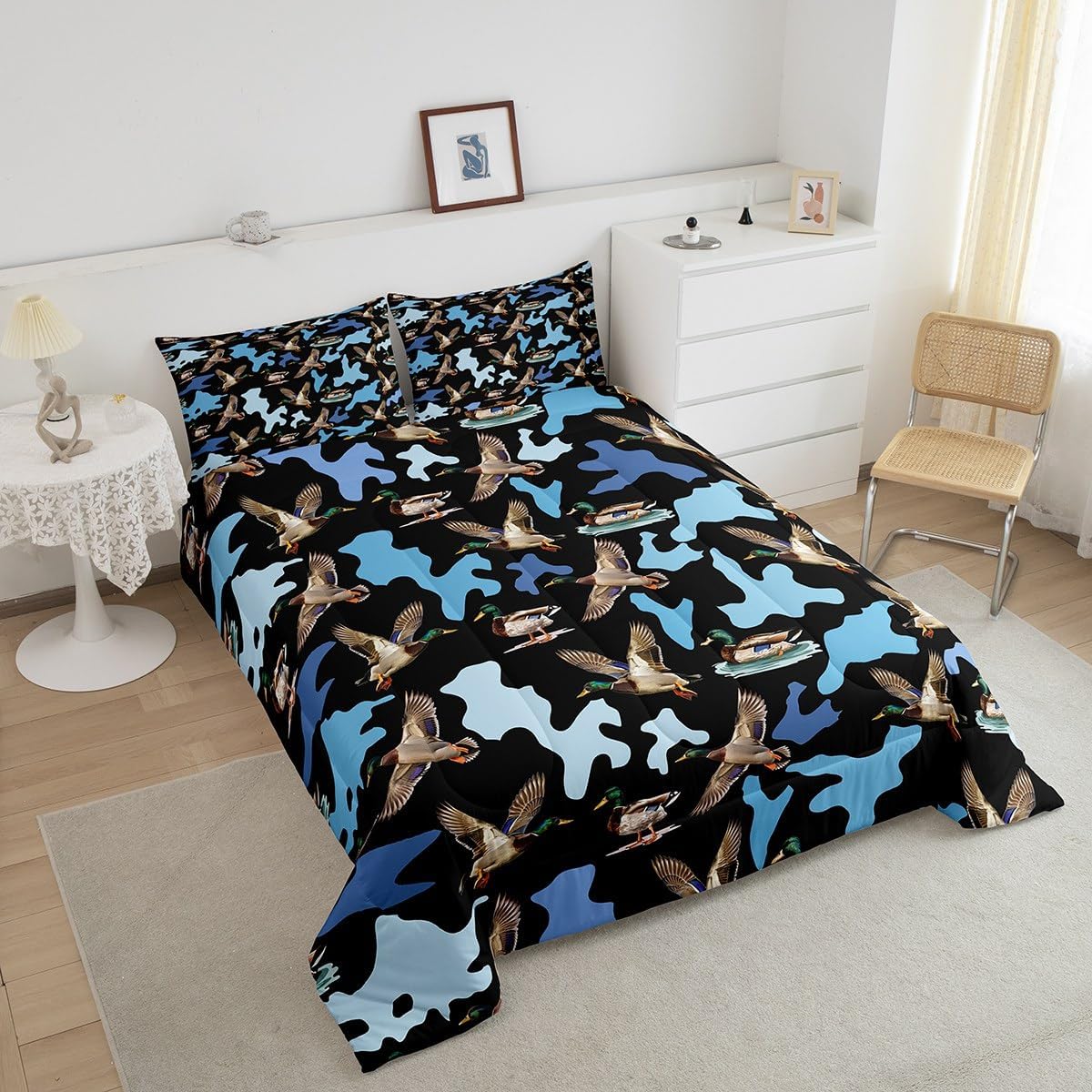 Feelyou Camo Duck Bedding Set Toddler Size Duck Hunting Comforter Set for Kids Teens Adults Hunter Camo Duvet Quilt Wildlife Blue Black Black Room Decor 2Pcs with 1 Pillow Case All Season Soft