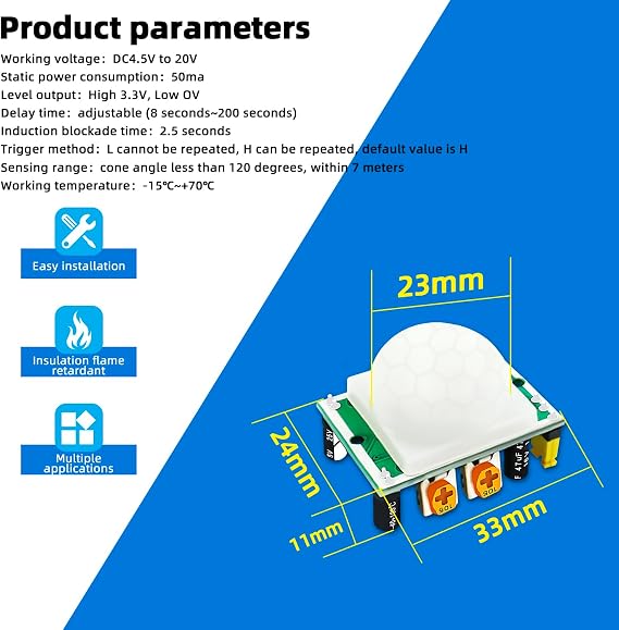 10PCS HC-SR501 PIR Infrared Human Motion Sensor Detector Module | Adjustable sensing distance & delay time, reliable human body detection, widely used for automatic lighting, access control