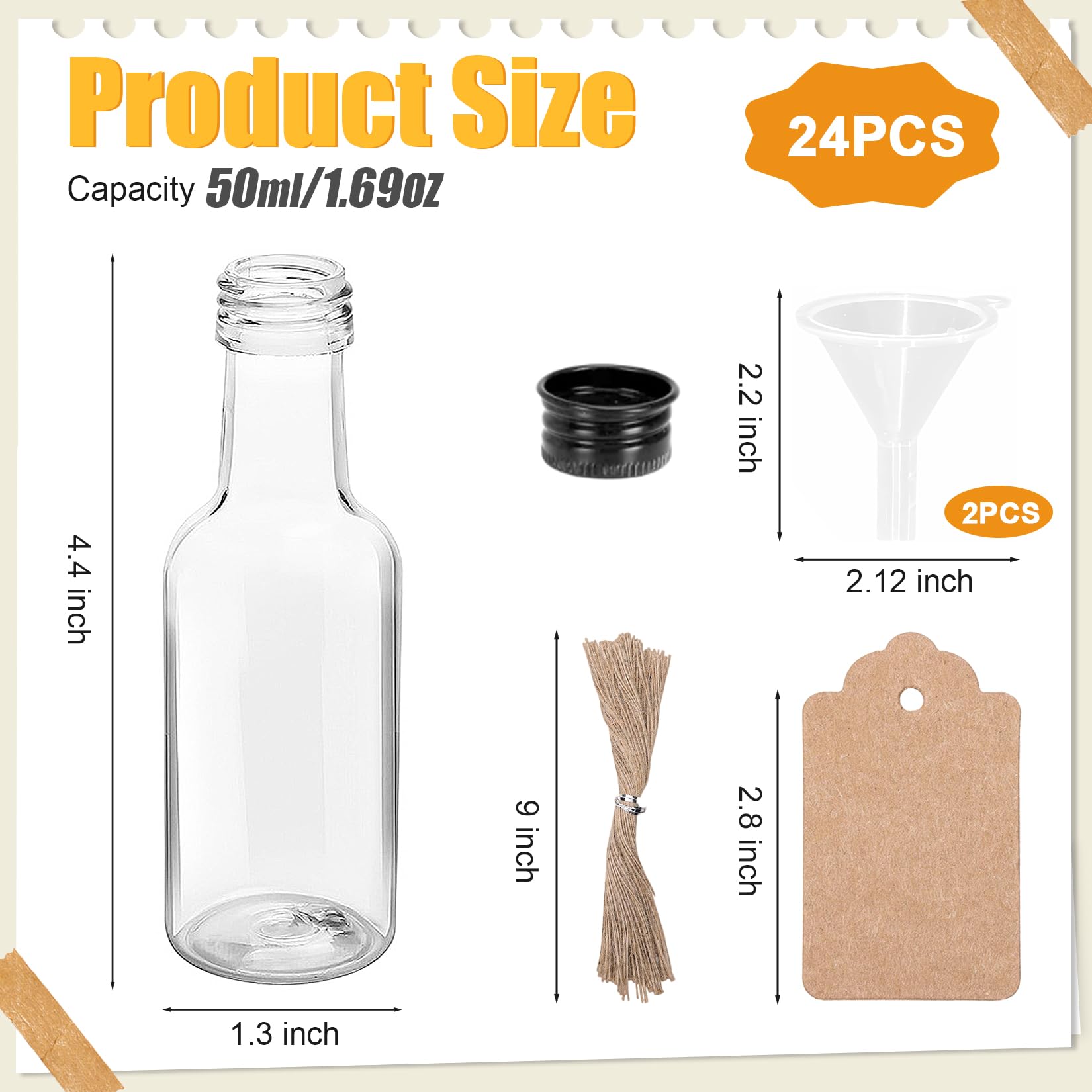 24 piccole bottiglie da riempire, 50 ml, mini flaconcini di liquore con coperchio e imbuto in plastica, piccole bottiglie shot in plastica per matrimoni e feste