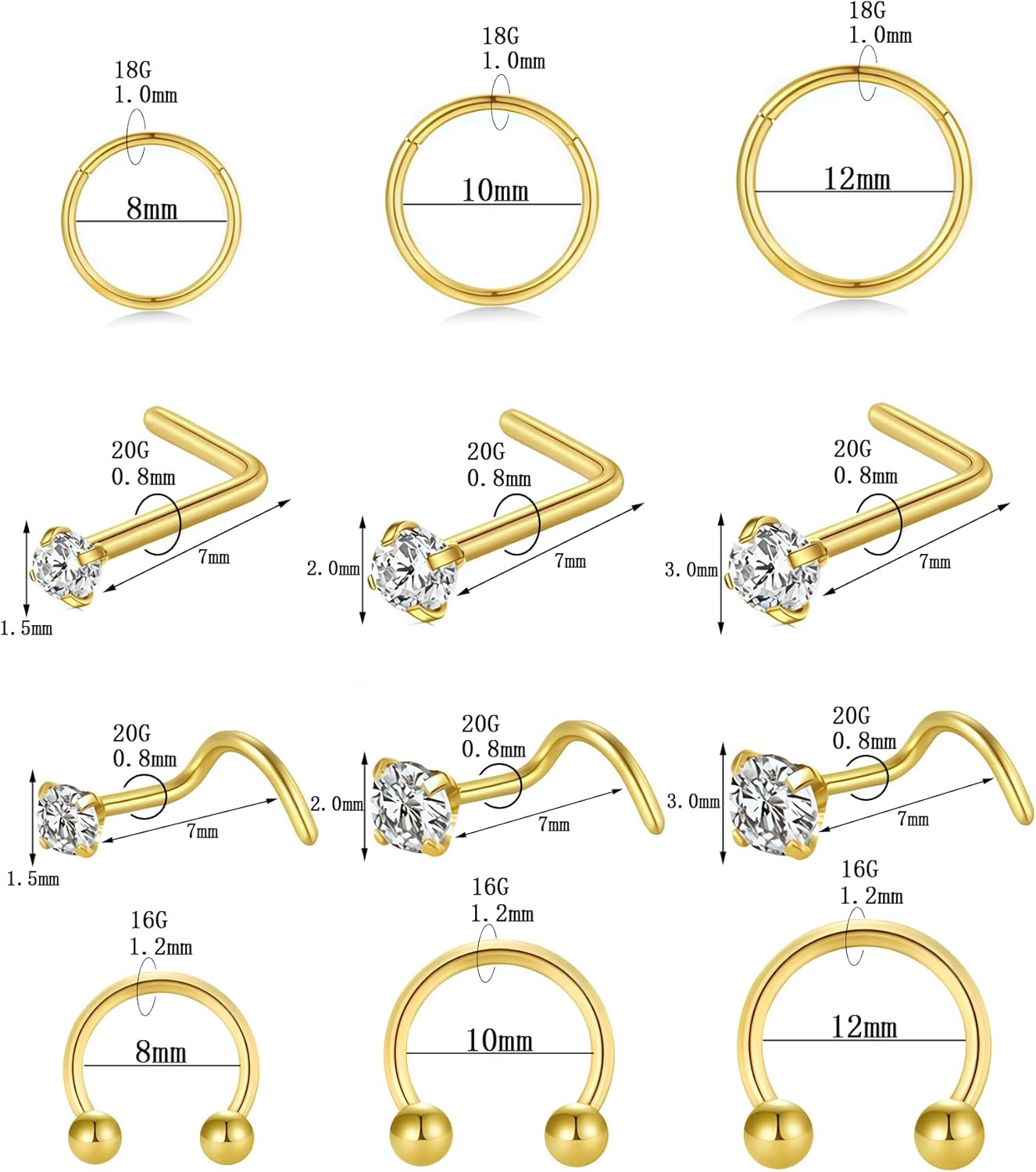 Nose Rings Studs for Women Men: Hypoallergenic Gold Silver 316L Surgical Stainless Steel Hoops Septum Horseshoe/L Shape/Corkscrew Nose Studs Body Piercing Jewelry Tragus Conch 20G 18G 16G - Image 6
