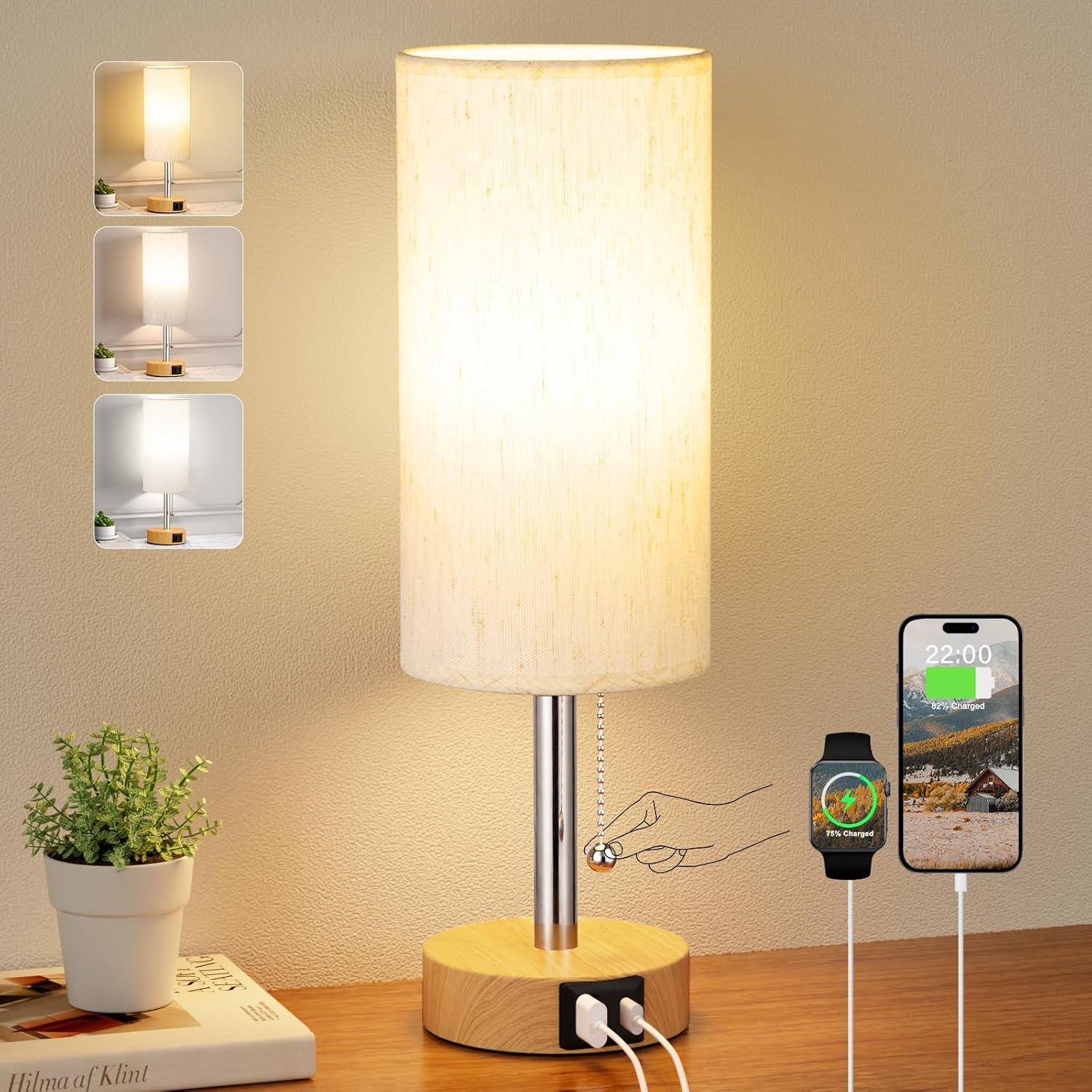PartageiZ Small Table Lamp for Bedroom Nightstand - Bedside Lamp with USB A + C Charging Port, 3 Color Temperatures Pull Chain Night Stand Light, Wood Base Desk Reading Lamp for Class Room/Nursey