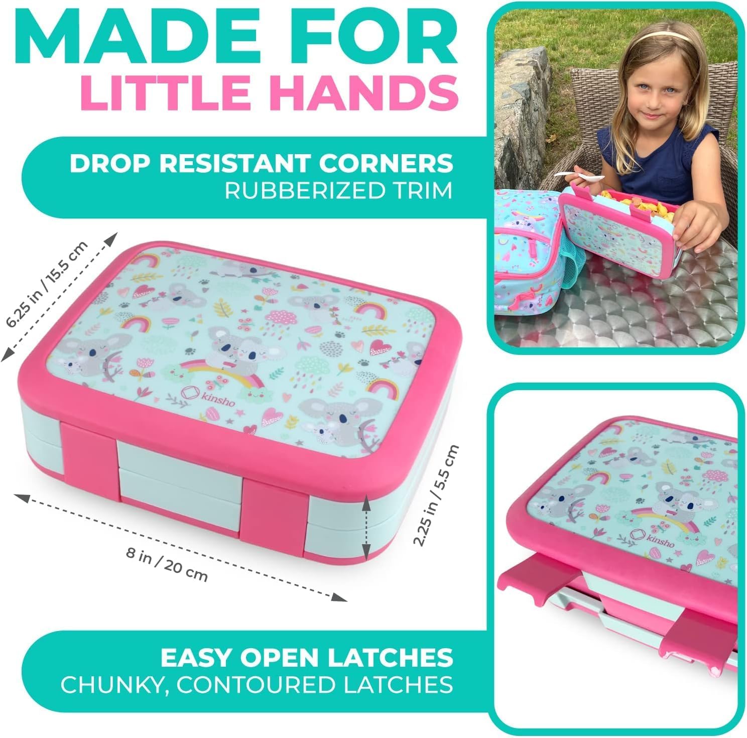 kinsho Bento Lunch Box for Kids Toddlers Girls, 4 Portion Sections Secure Lid, Microwave Safe BPA Free Removable Tray, Pre-School Kid Daycare Lunches Snack Container Ages 3 to 5, Pink Koala - Image 2