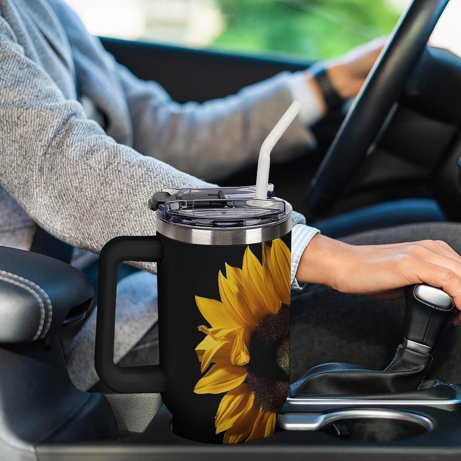 40 Oz Tumbler with Straw And Lid Sunflower Black Background Insulated Travel Coffee Mug Stainless Steel Water Bottle Vacuum Insulated Tumblers for Sport Work Car Travel Weekends