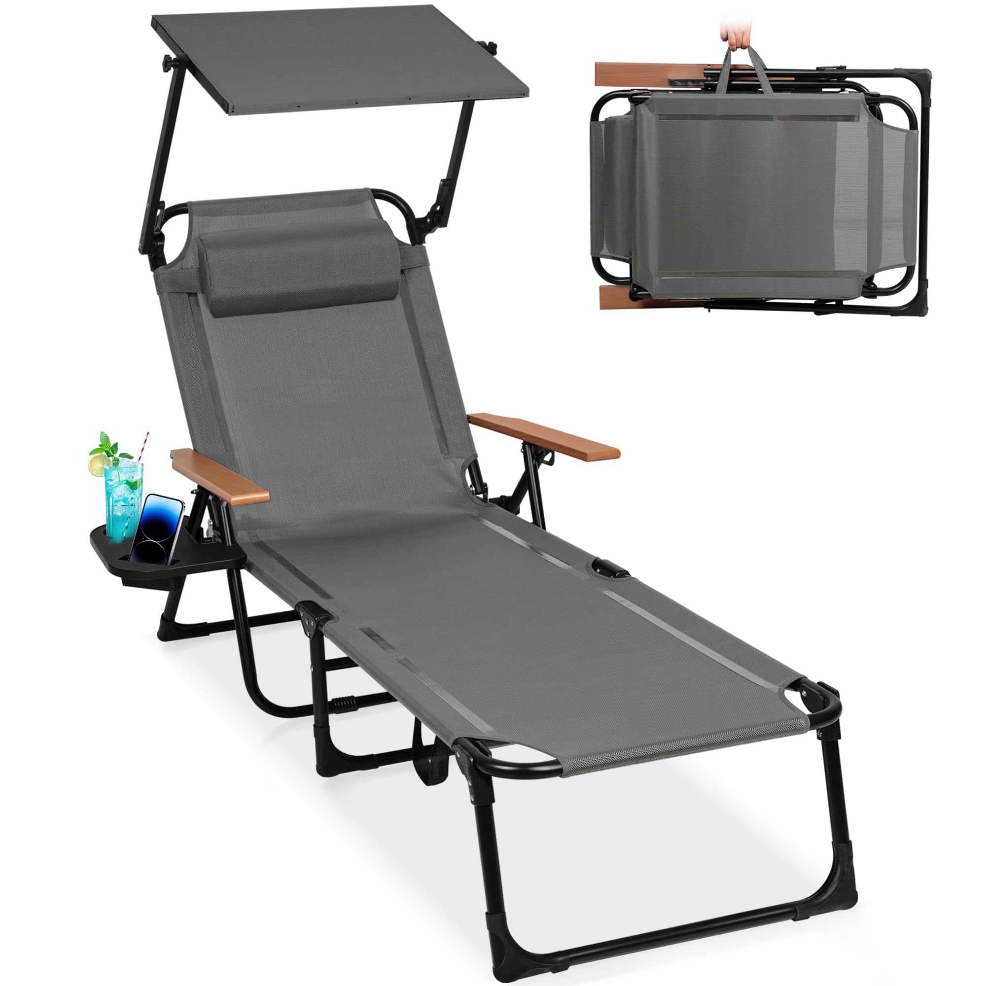 Sonnenliege Klappbar mit Dach, Gartenliege Wetterfest mit Armlehne und verstellbarer Rückenlehne, Liegestuhl Balkon mit Getränkehalter, belastbarkeit 150 kg, Outdoor Liege für Garten, Balkon & Strand