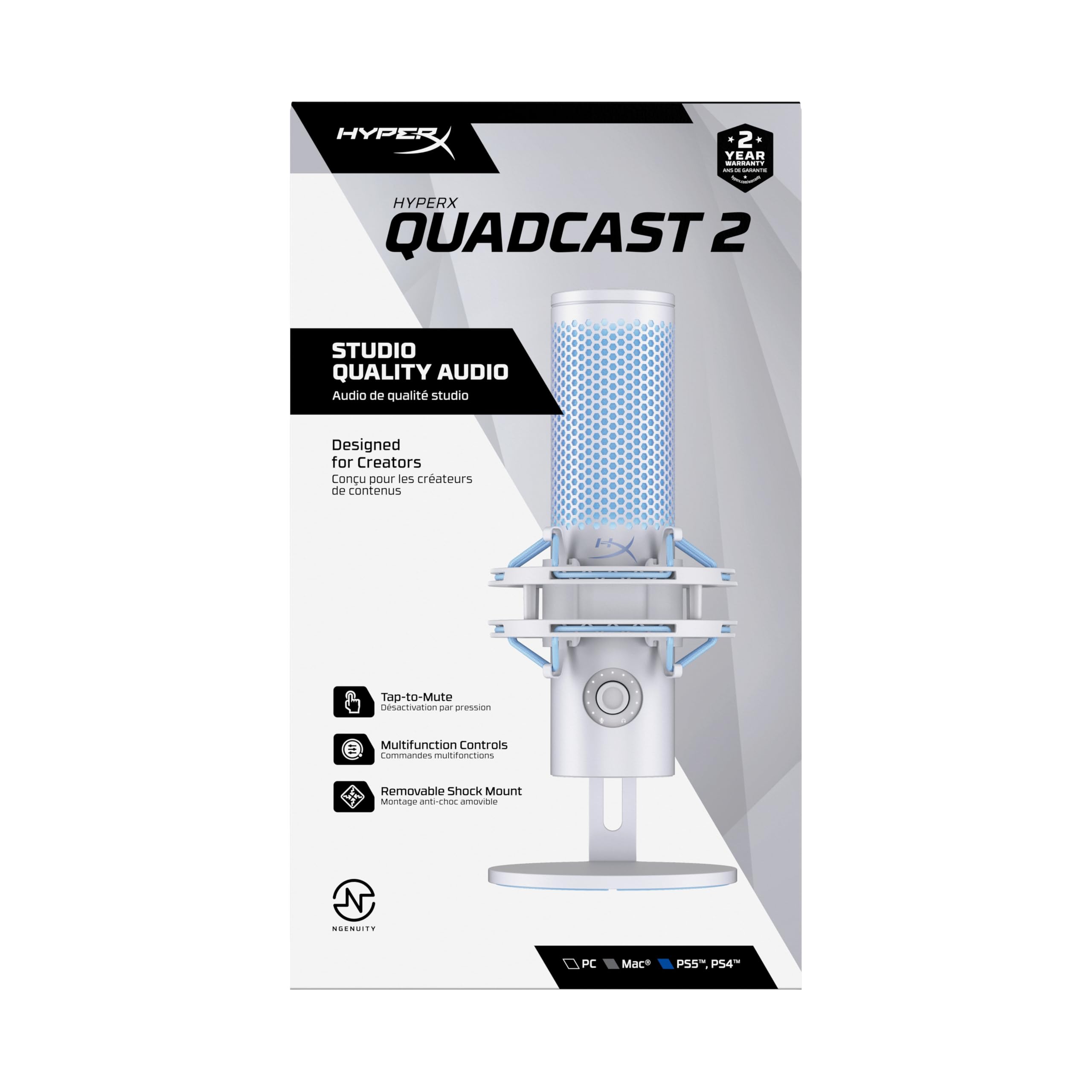 HyperX QuadCast 2, Microphone USB à condensateur pour Gaming/Streaming/Podcast, 4 directivités, Commandes intégrées, éclairage LED, Support Anti Choc Amovible, PC/Mac/PS5/PS4, USB-C, Blanc