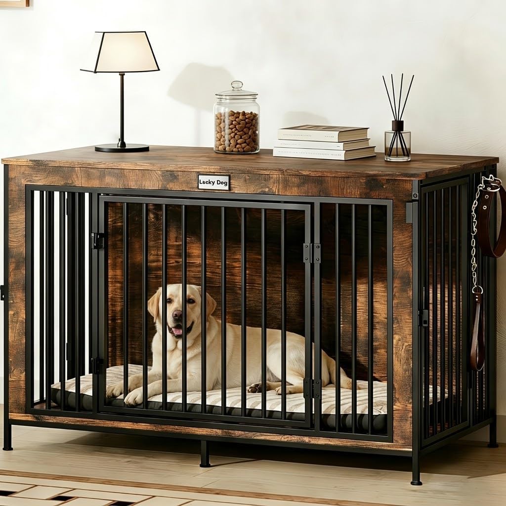 XL Dog Crate Furniture 48'' | Extra Large Heavy Duty Anti-Chew Dog Kennel | Rustic Wooden Entertainment Center & TV Stand with 350LB Top Capacity | Escape Proof Double Door Pet House