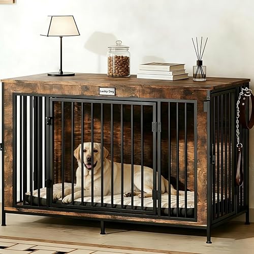 Mueble XL para perros de 48 pulgadas Perrera para perros extra grande resistente y antimasticación Centro de entretenimiento de madera rústica