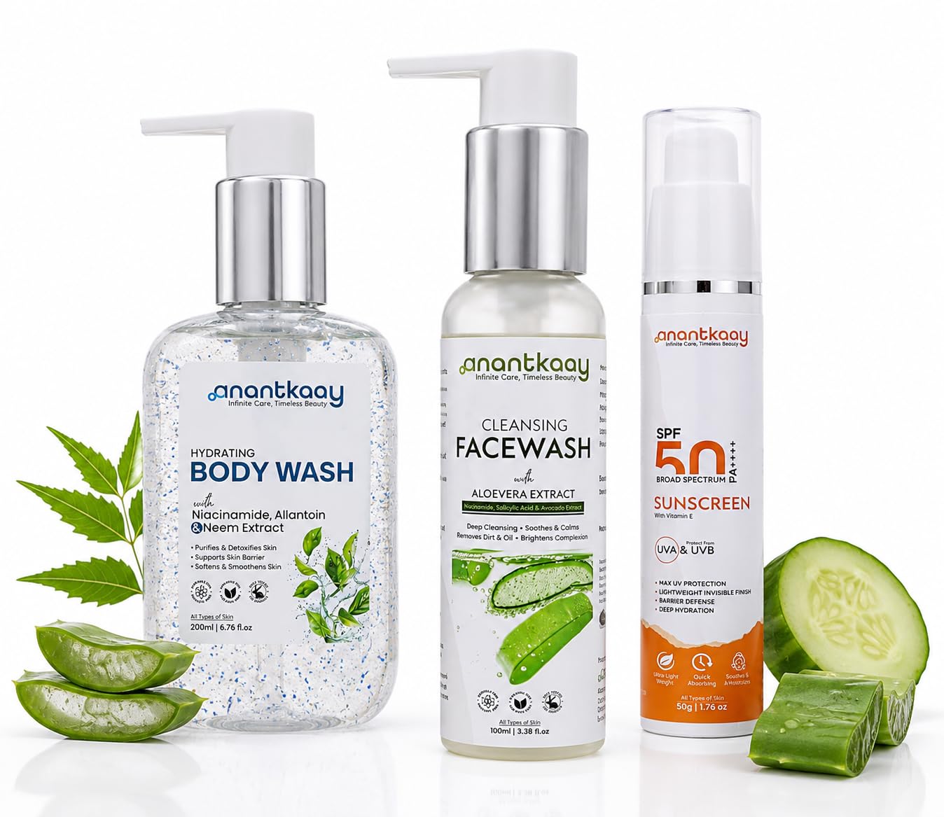 Complete Skin Care Combo | Hydrating Body Wash 200ml, Cleansing Face Wash 100ml & SPF 50 PA++++ Sunscreen 50g | Aloe Vera, Niacinamide, Neem & Vitamin E | Daily Skin Care Kit-image-37