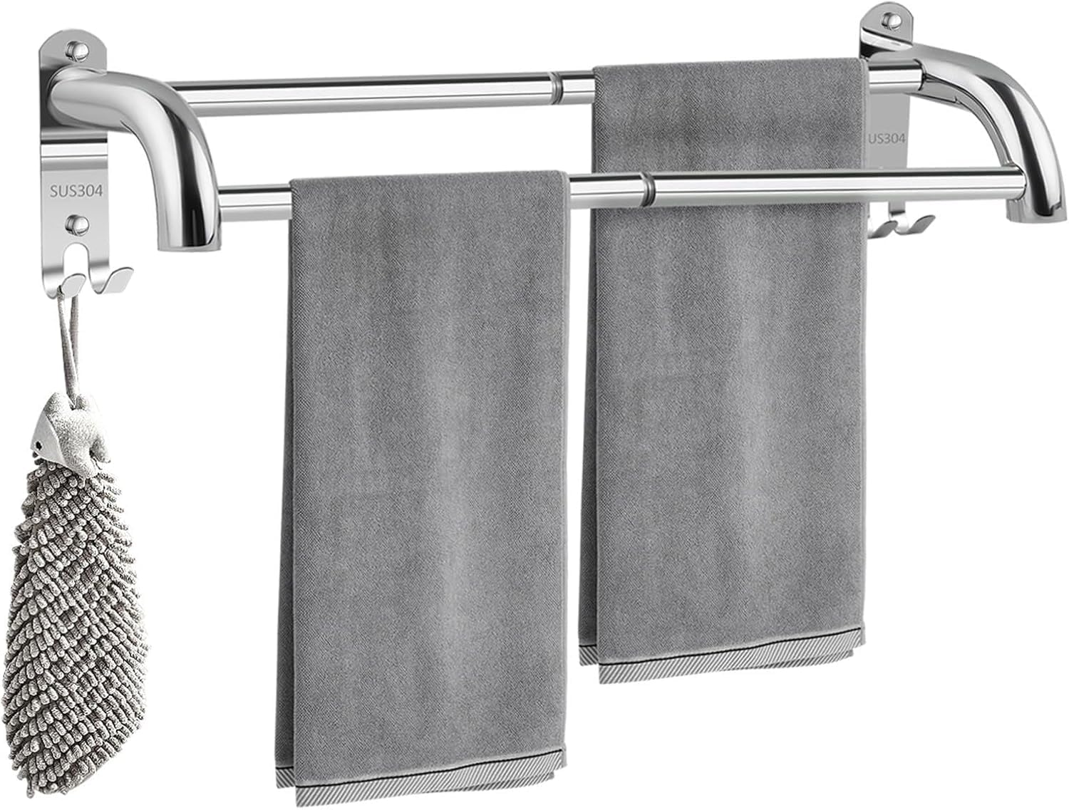 Extendable Bath Towel Bar 43-75cm 304 Stainless Steel, Drill-Free Bathroom Towel Rails, Stainless Steel Double Towel Rails, Wall Mounted, for Bathroom and Kitchen (Silver, 2 Bars)