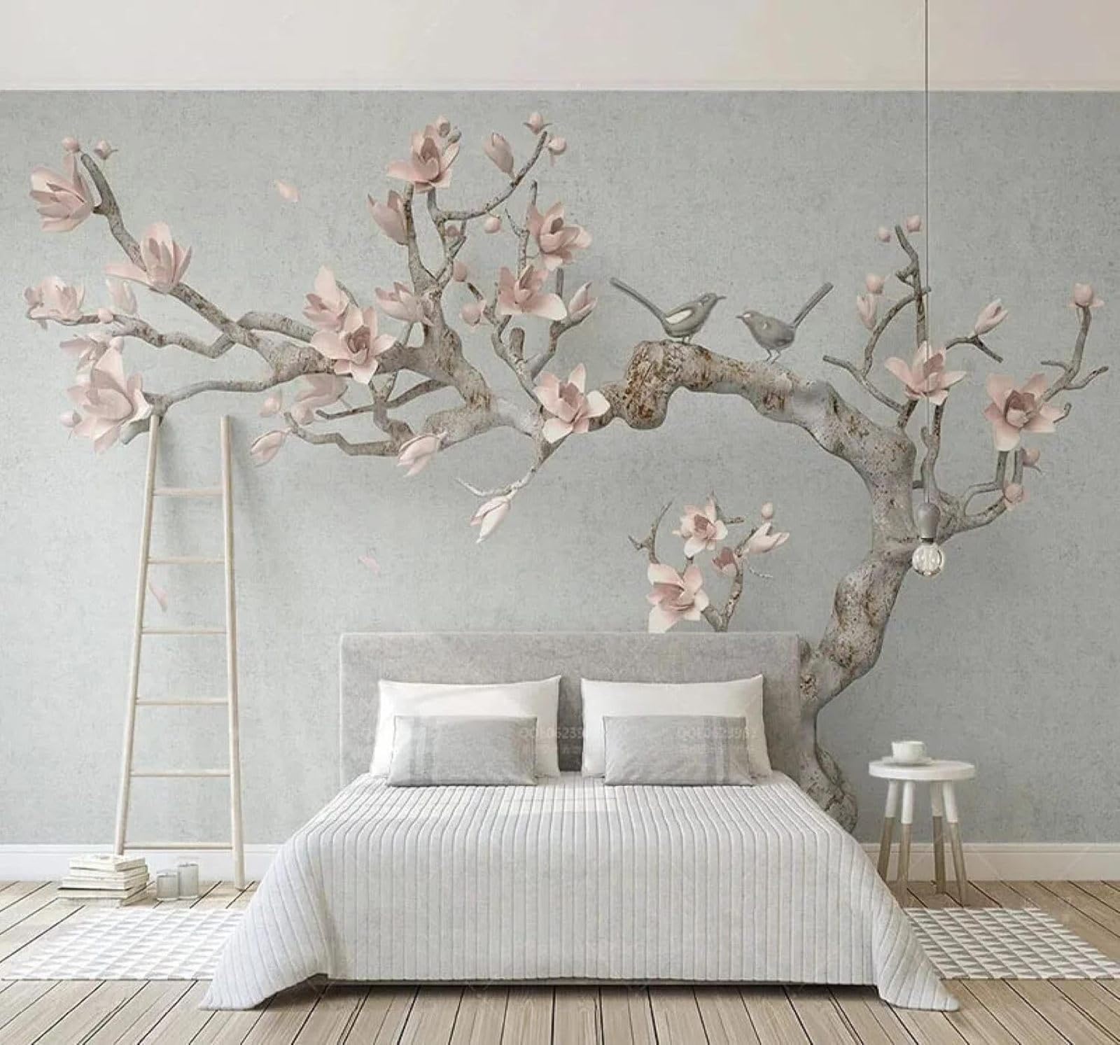 Xlming 250Cm×170Cm(B×H) Minimalist Three Dimensional Branches Pink Magnolia 3D Wallpaper Luxury Silk Study Dining Feature Sofa Grey Bedroom Living Room Tv Decorative Wall-250Cm×170Cm