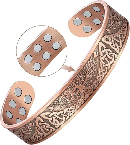 Miniatura 10 de Feraco Pulseras magnéticas de cobre para hombres y mujeres con imanes curativos, patrón de árbol de la vida, brazalete de terapia de cobre sólido