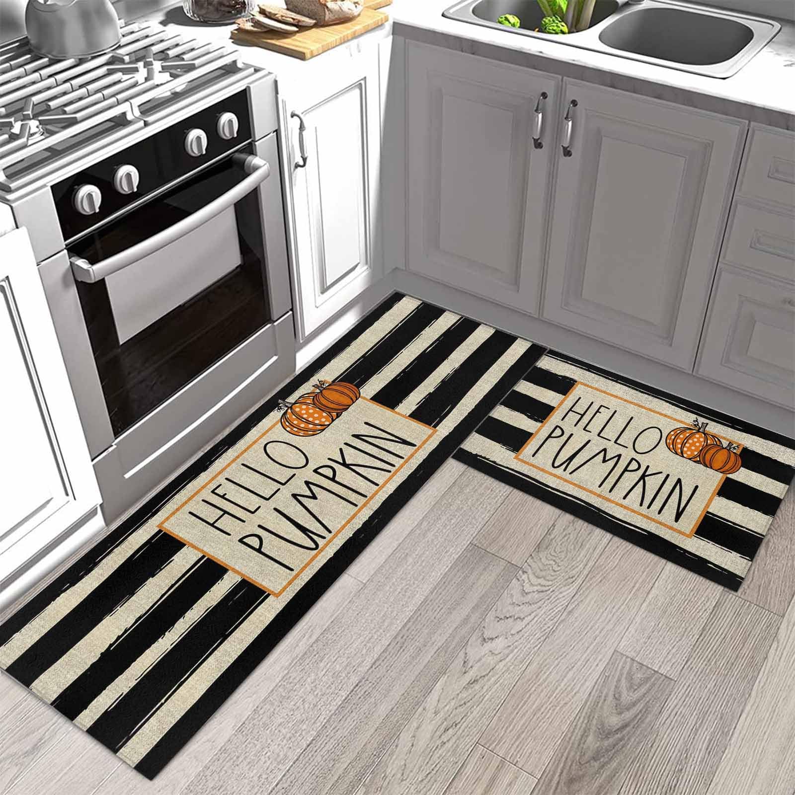 LivencherWashable Kitchen Mats 2 Piece Set - Non-Slip Absorbent Kitchen Mat and Rug - Hello Pumpkin Black and White Stripes Comfort Floor Mats Kitchen Rugs for Laundry Room Sink