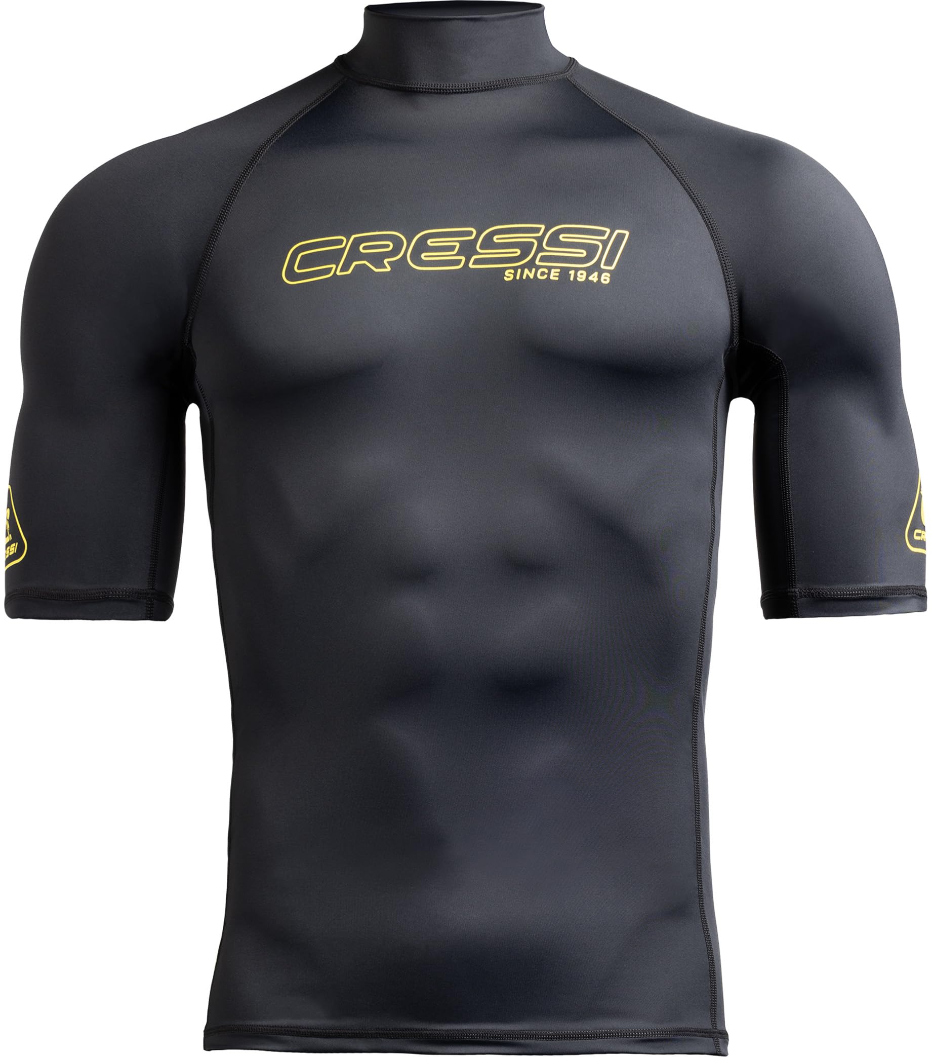 CRESSI since 1946 - Sentinel Man - Short Sleeve Rash Guard UPF 50+ Sun Protection Quick Dry Swimming, Surfing, Diving, Fishing, Beach, Pool and Water Sports - Black/Yellow - S/2 - Men's