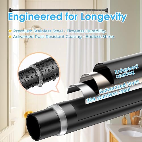 Miniatura 4 de AIZESI 1 barra de cortina de ducha plateada sin taladrar de 43 a 73 pulgadas, barra de cortina de tensión de resorte antideslizante, barra de