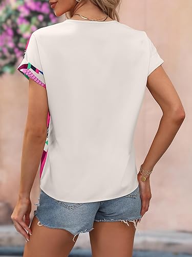 Miniatura 2 de SOLY HUX Blouses for Women 2023 Short Sleeve Blouse V Neck Button Gauze T Shirts Summer Tunic Tops Casual Tees