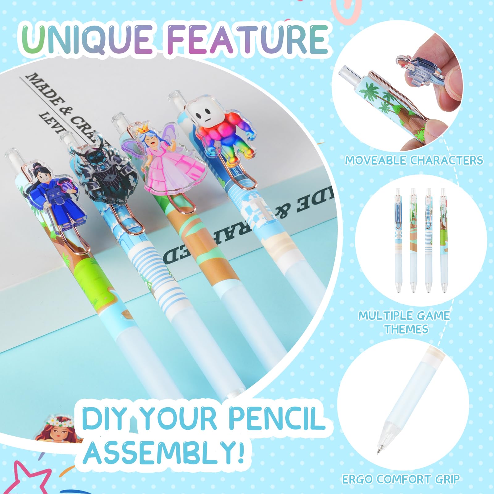 Kauai Sun Druckbleistifte, 0,5 mm, abnehmbare Charaktere übrigens Gaming-Szenen, einzigartiges DIY-Design, Schule, Schreibwaren, Partyzubehör, Geschenke für Jungen, Mädchen, Kinder, Teenager, 12 Stück