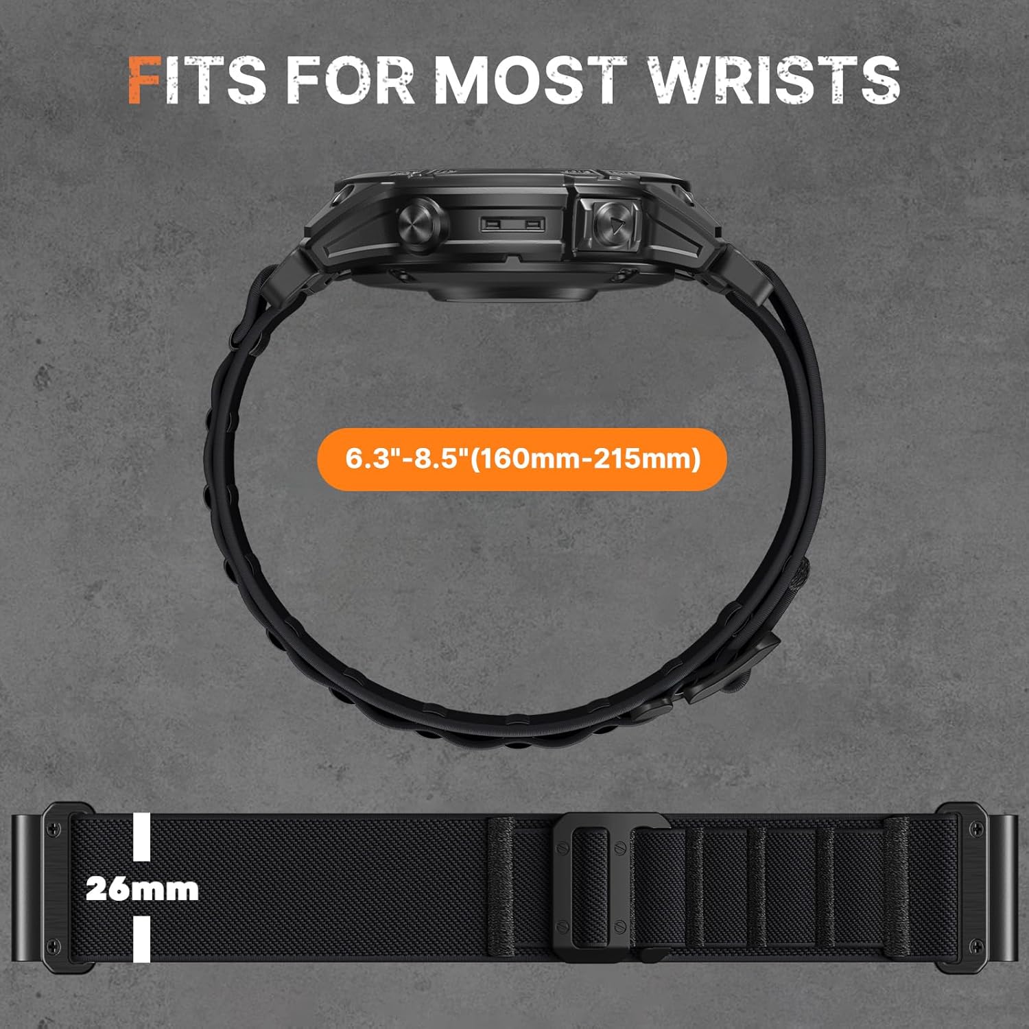 Bandletic Compatible with Fenix 6x pro Watch Band - 26mm Quick Fit Wide Nylon Stretchy Rugged Loop Sport Straps with G-Hook for Fenix 8 51mm/7X/5X Plus/3/3 HR/Tactix/Epix Pro2 51mm//Instinct 2X, Black