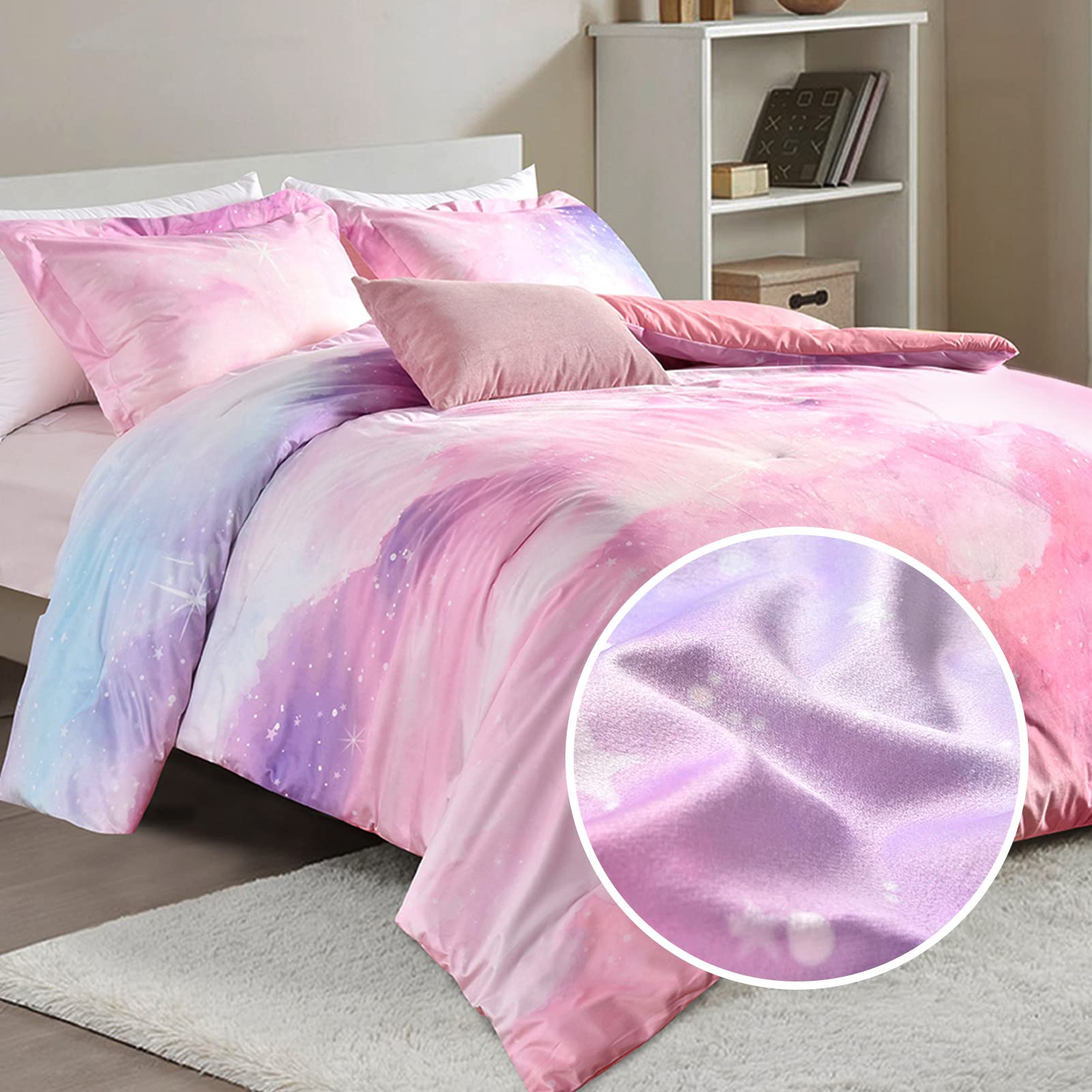 ARTALL 3 Piece Soft Velvet Printed Comforter Set with 2 Shams Sky Star Pattern Gradient Bedding Set for All Season Pink King Size