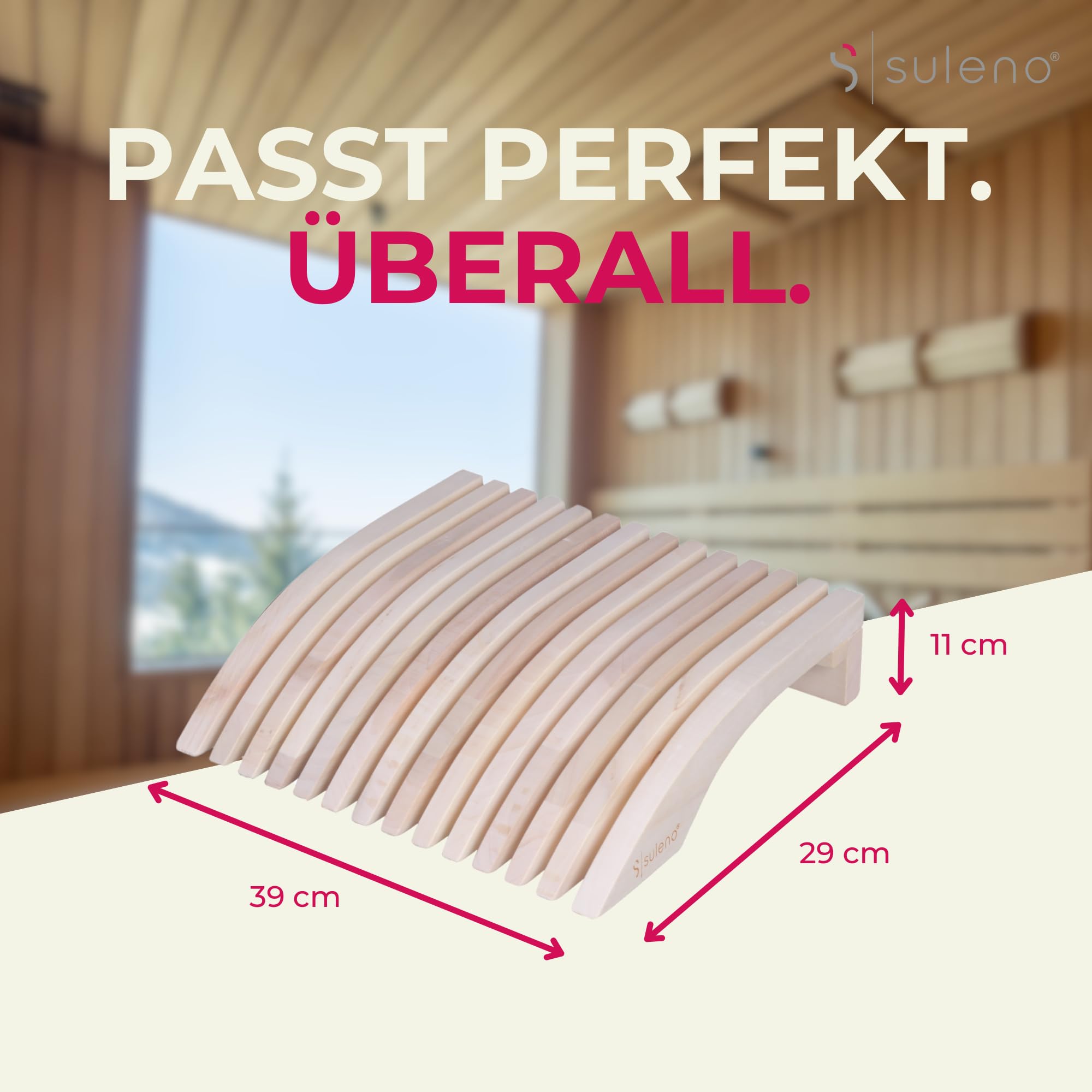 SULENO Sauna Kopfstütze Holz Espe, ergonomische Saunakopfstütze für Kopf & | Nacken, Hochwertiges Sauna Zubehör, hygienisch & langlebig, Saunazubehör Nackenstütze & Kopfkeil, Modell ESKE, Rückenlehne