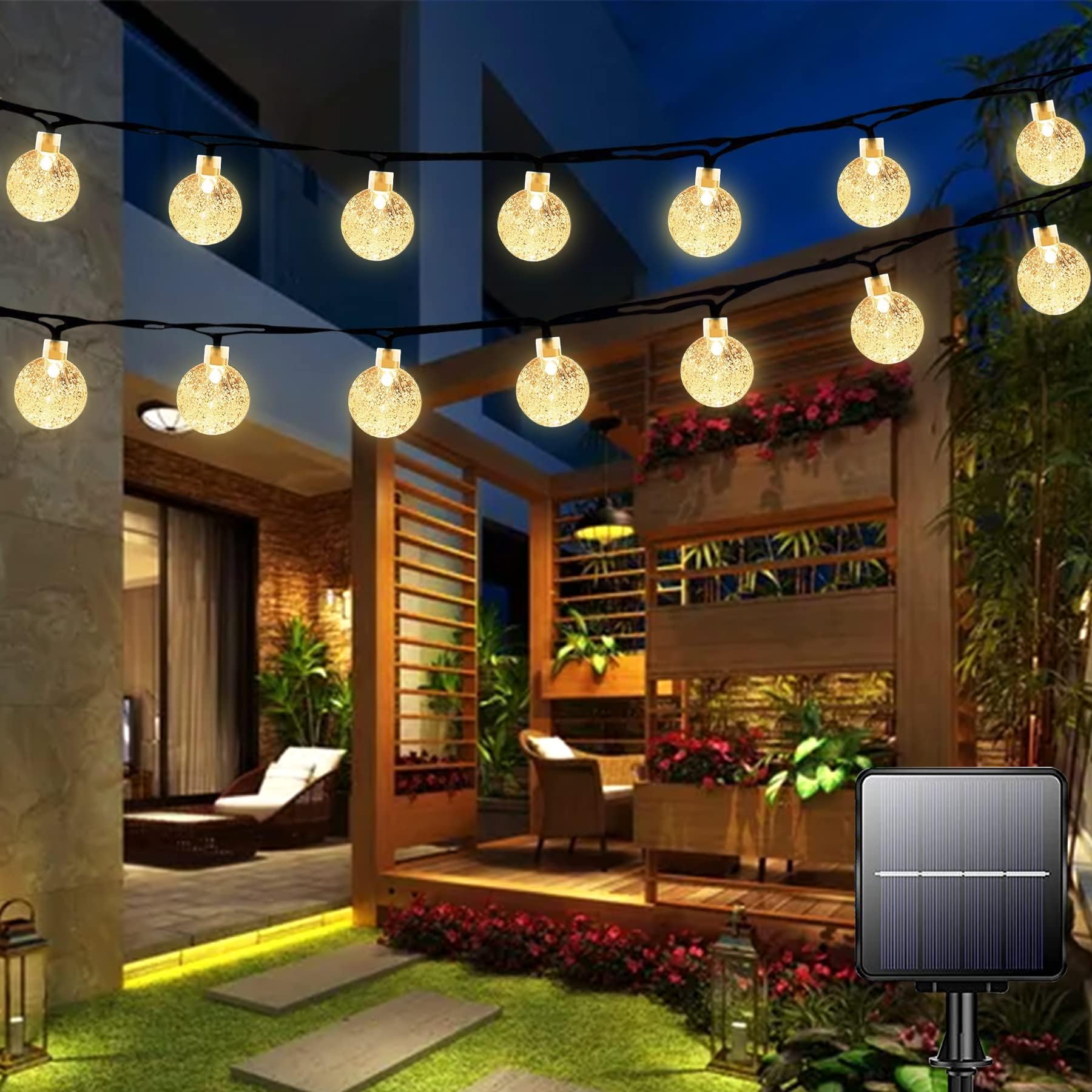 Solar Garden Lights Outdoor Waterproof, 50LED 7M/23Ft Solar Fairy Lights, Crystal Ball Lights with 8 Modes, Decorative Lighting for Home, Yard, Patio, Party,Christmas (Warm White)