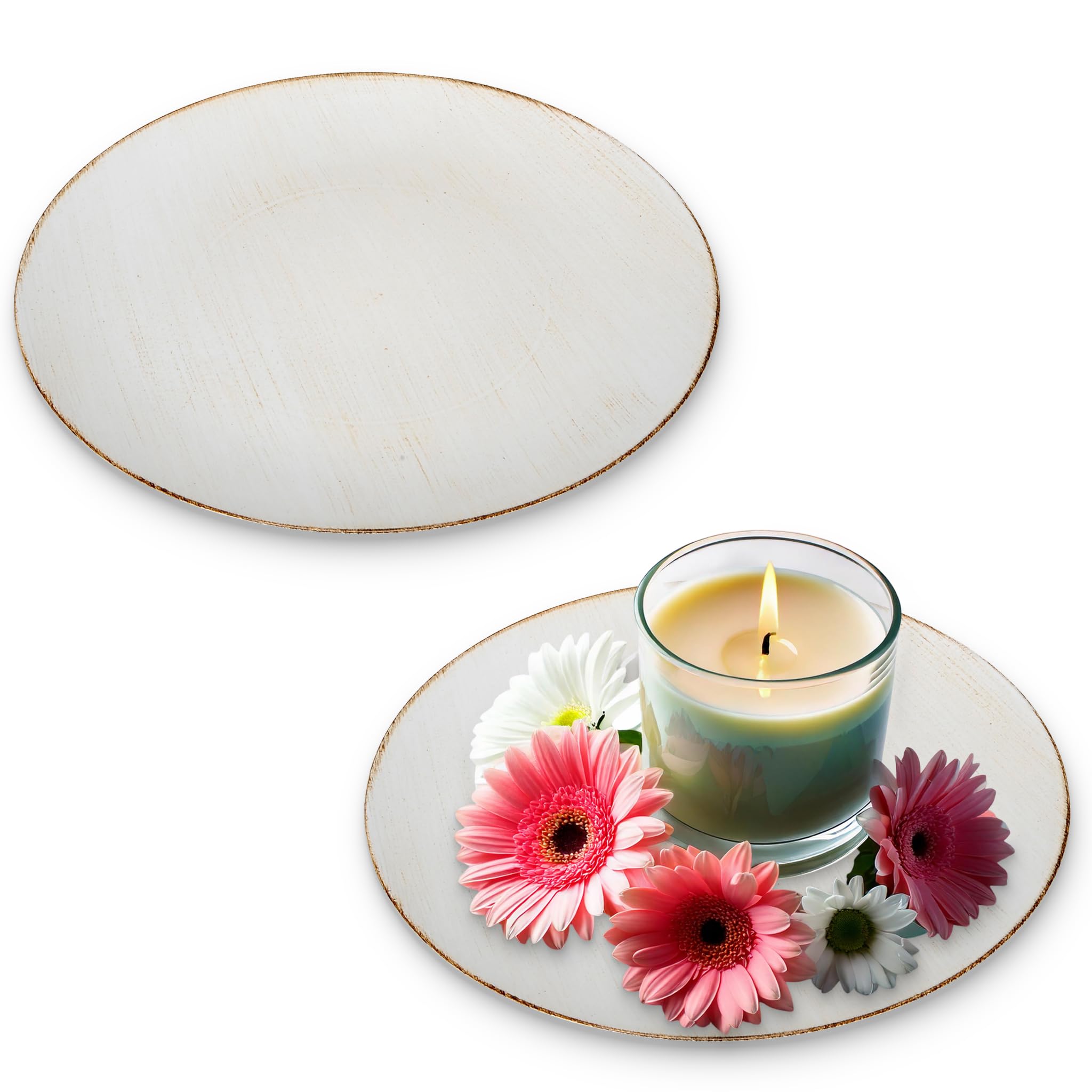 Decorative Plates Set of 2 33 cm in Cream Brown Vintage Look - Flat Plates as Table Decoration Candle Plate