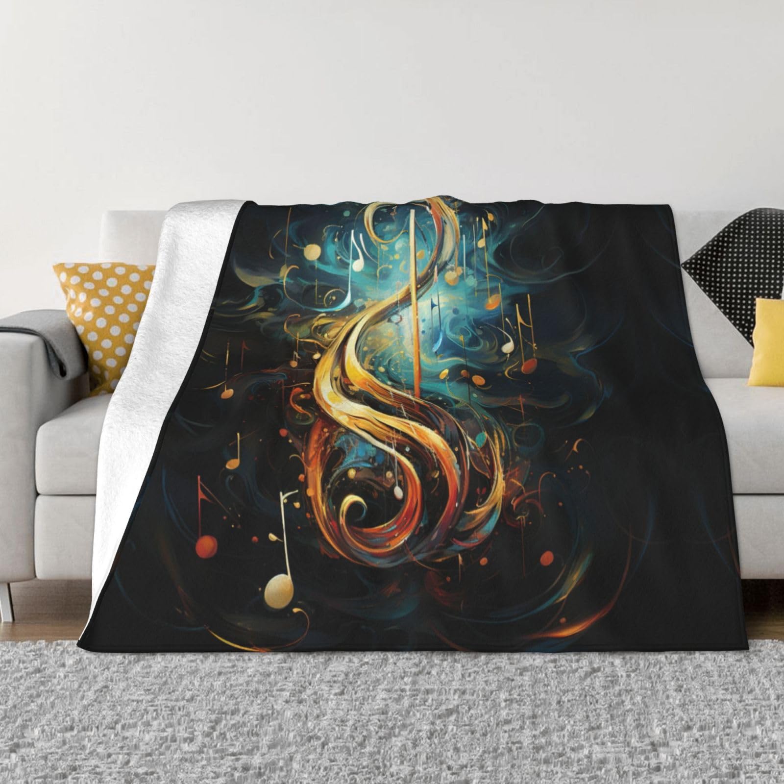 Coperta decorativa morbida e calda in flanella per bambini, cane, gatto, 127 x 152 cm, stampa con simboli musicali
