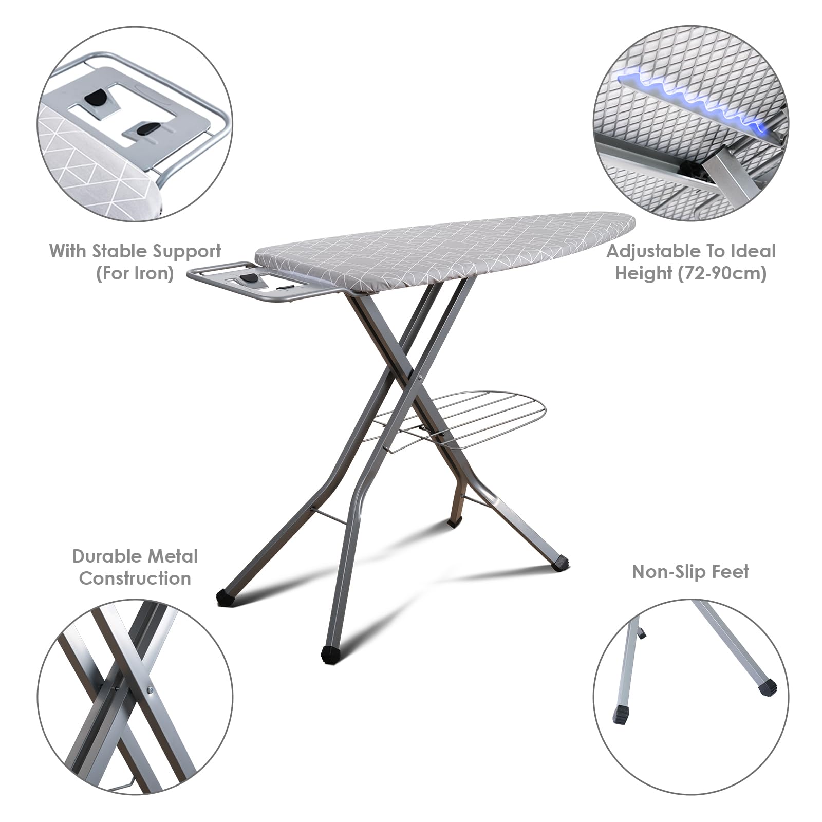 DEWINNER Table à Repasser Pliable 120 x 45 cm,Housse géométrique 100% Coton à la Mode, Verrouillage Sécurisé,7 Niveaux De réglage De La Hauteur,Repassage Pratique pour Un Usage Domestique(Gris)