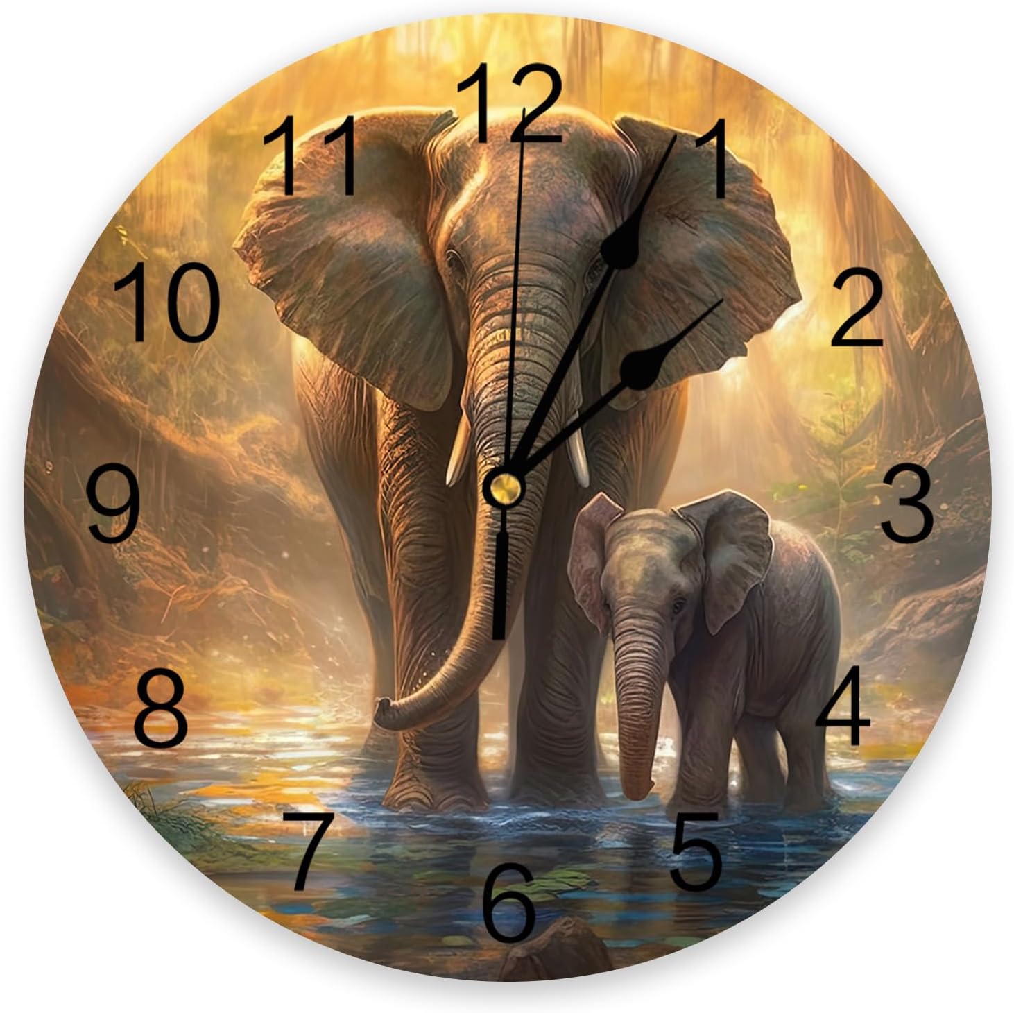 Wall Clock 14 Inch Silent Non-Ticking, Elephant Round Decorative Clock for Living Room Bedroom Kitchen School Easy to Read Battery Operated Mute Clock