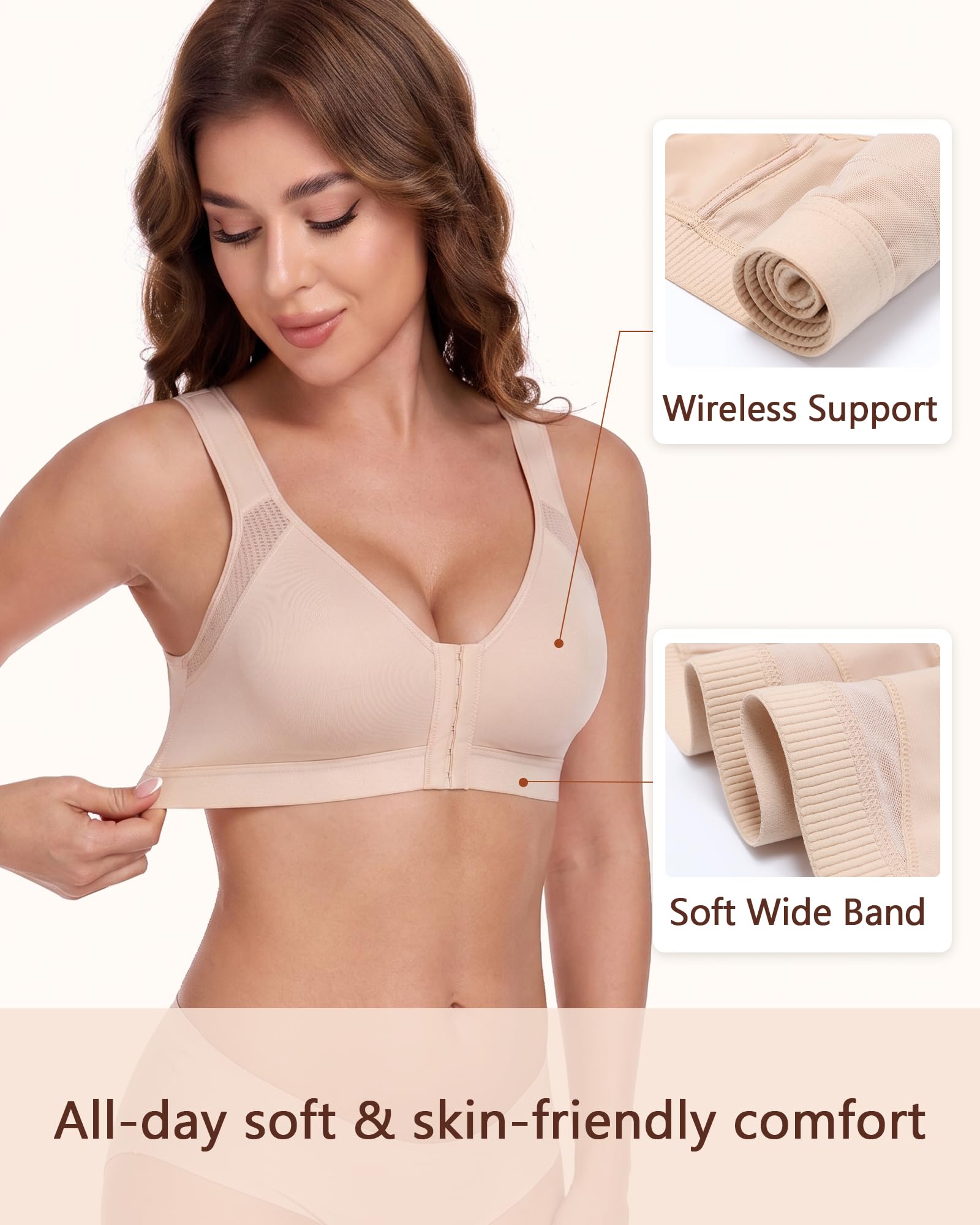 Lemorosy Soutien-Gorge Femme Grandes Tailles Fermeture Devant Redresse Dos correcteur de Posture sans Rembourrage sans Armatures