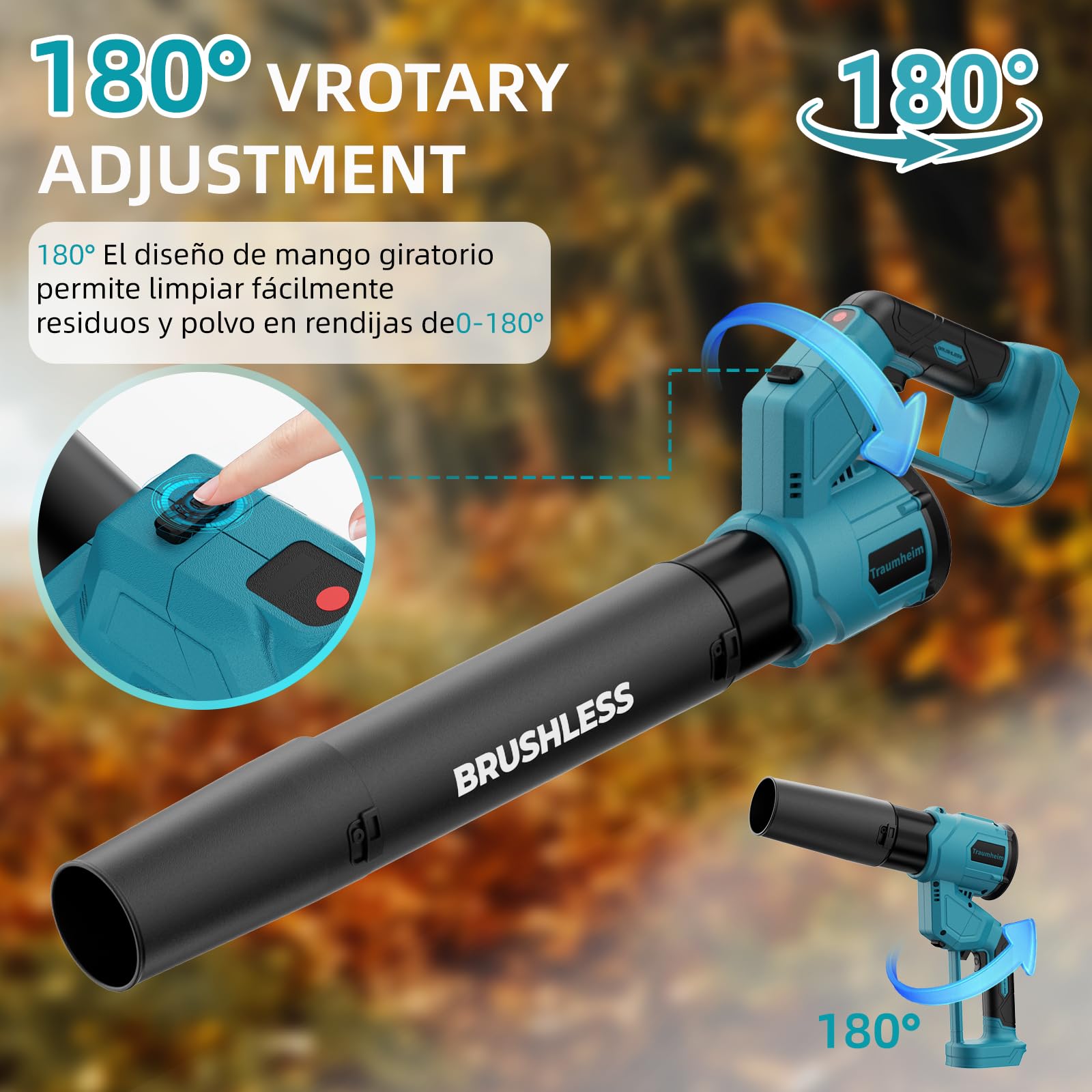Batería soplador de Hojas, 2 en 1, sin escobillas, con 3 Marchas, máx. 900000 RPM, Volumen de Aire 1000 m³/h, Modo Vertical y Horizontal, para jardín, Hojas (Batería no incluida