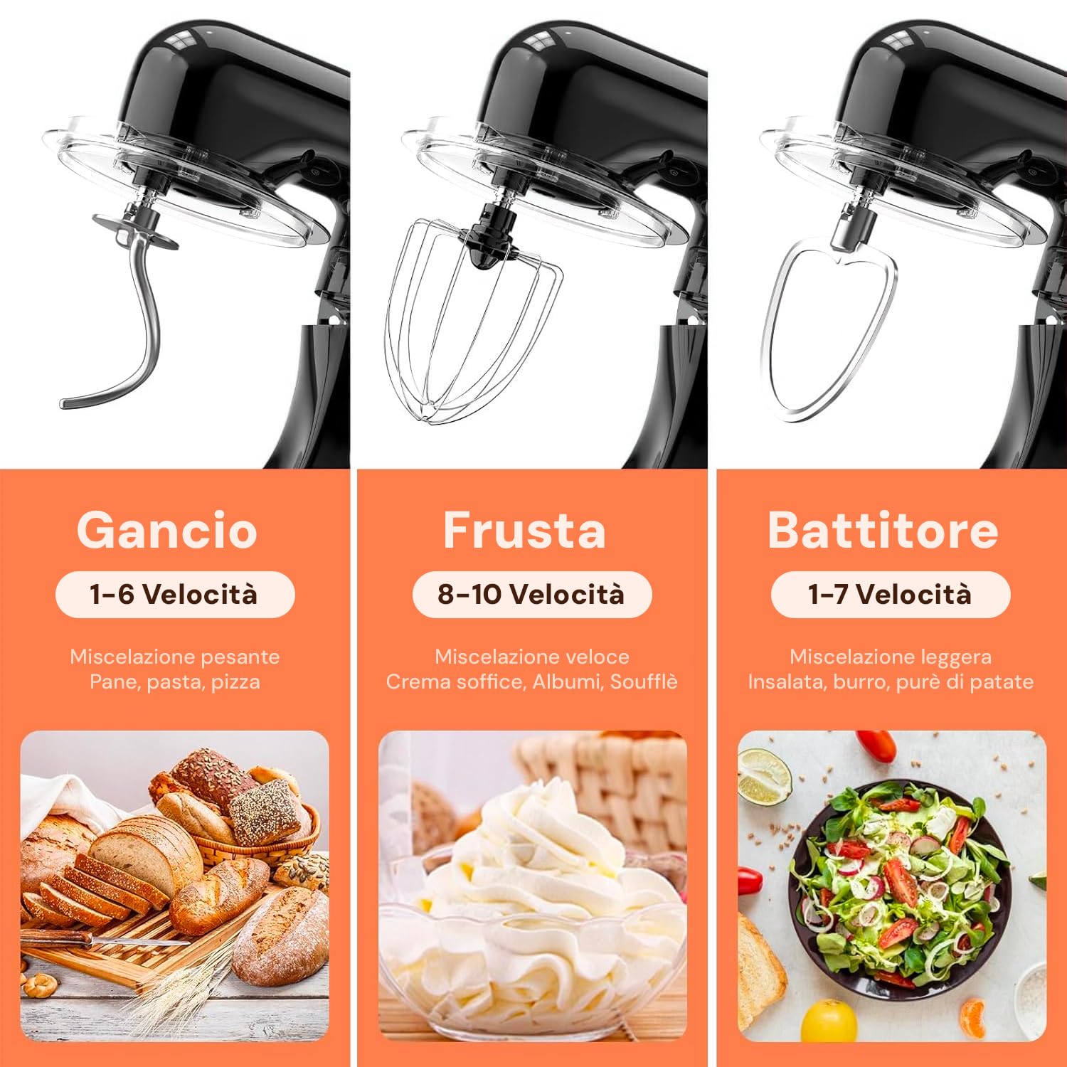 Avilia Impastatrice Planetaria con Ciotola in Acciaio 5L Nero 1500W - 10 Velocità Regolabili - Classe di Protezione II - Include Gangio ad Uncino, Frusta e Battitore - Funzionamento Silenzioso