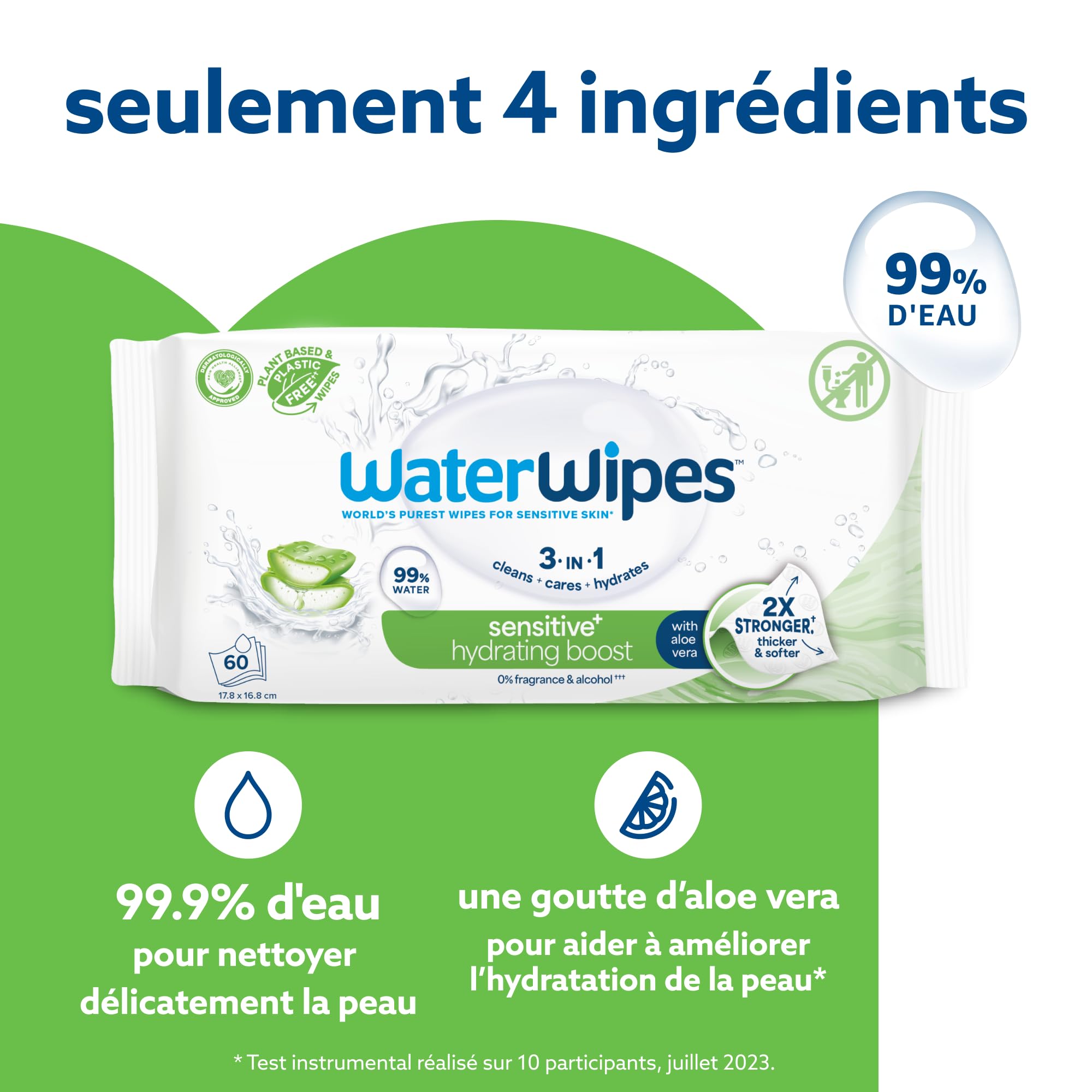 WaterWipes Sensitive+ Hydrating Boost Wipes, Lingettes Hydratantes, 360 unités (1 paquets), 3-en-1 nettoie, soigne, hydrate, 99% d'eau avec aloe vera, non parfumées