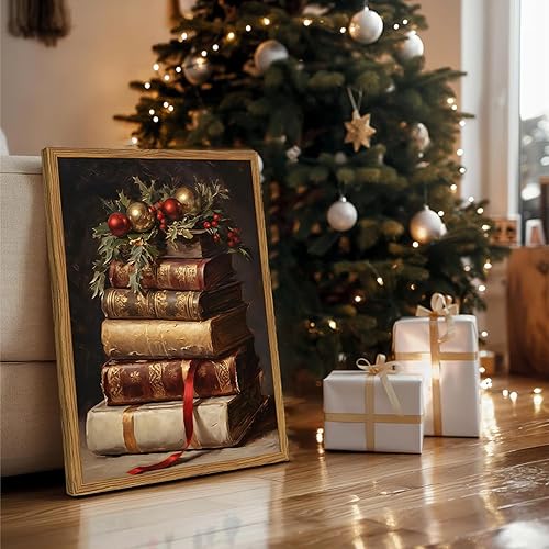 Miniatura 5 de Hwetui Lienzo de Navidad vintage para pared, libros rústicos de granja, pintura de naturaleza muerta, póster de Feliz Navidad, impresión de imagen
