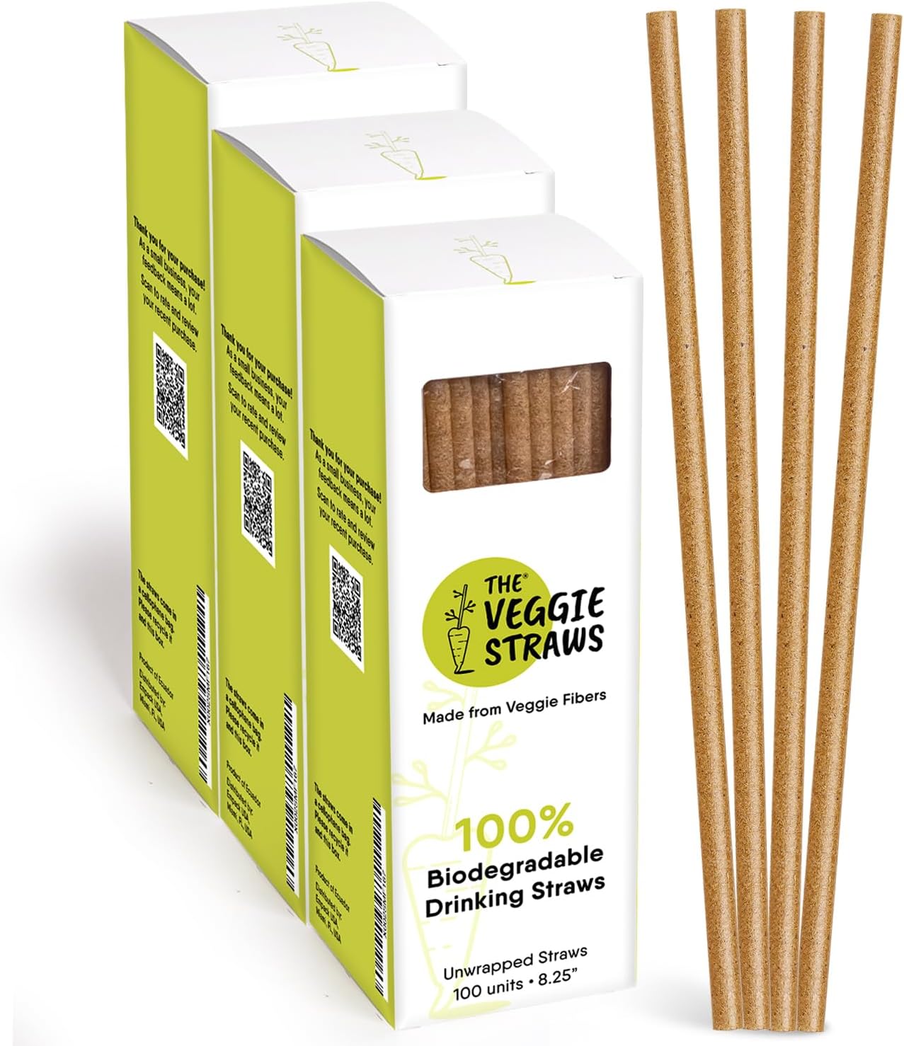 The Veggie Straws – 300 PCS of 8.25 Inches Unwrapped Biodegradable Straws – Made of Vegetable Fibers, Best Environment Friendly Drinking Straws for Hot and Cold Beverages