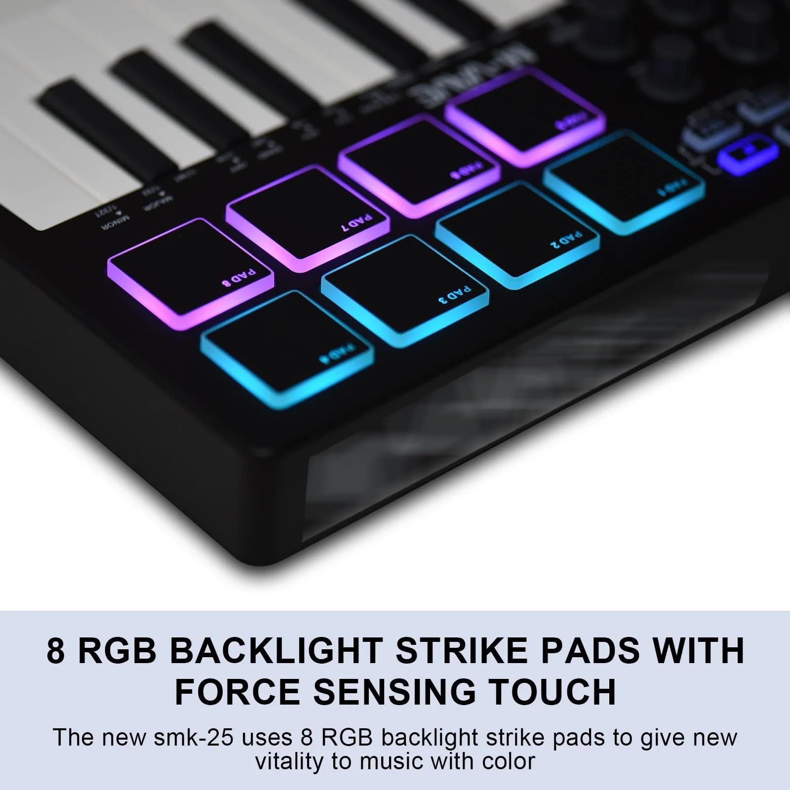 Controlador de teclado MIDI de 25 teclas USB inalámbrico con 8 almohadillas de batería retroiluminadas, 8 perillas, 2 tiras táctiles para producción y actuación musical