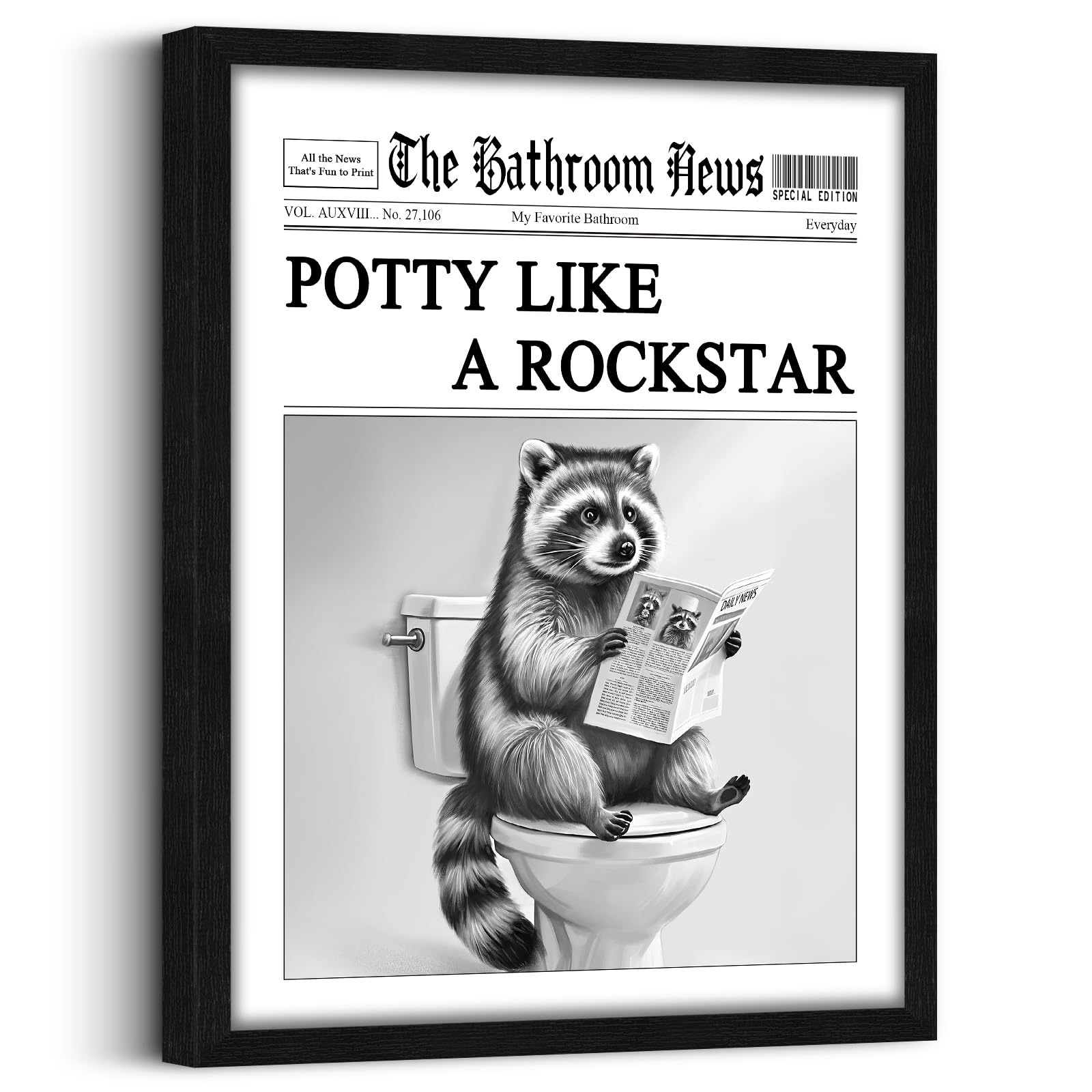 ADJUVANT Funny Bathroom Wall Art Decor 12"x16", Framed Wall Pictures Raccoon Canvas Prints Black and White Newspaper Artwork Potty Like A Rockstar Humourous Animal Sign for Home Office Bathroom Decor