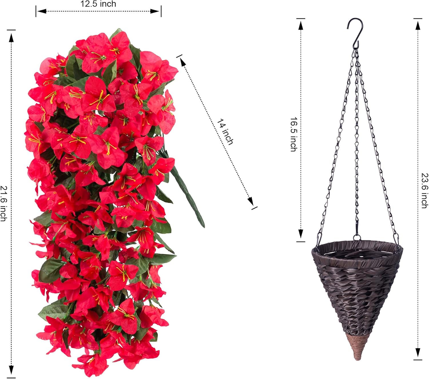 INSPRING Artificial Bougainvillea Faux Flowers Plants Baskets for Outdoor Outside Decoration, 3PCS Fake Silk Flowers Long Trailing Vines UV Resistant Realistic for Front Door Porch Patio (Red)