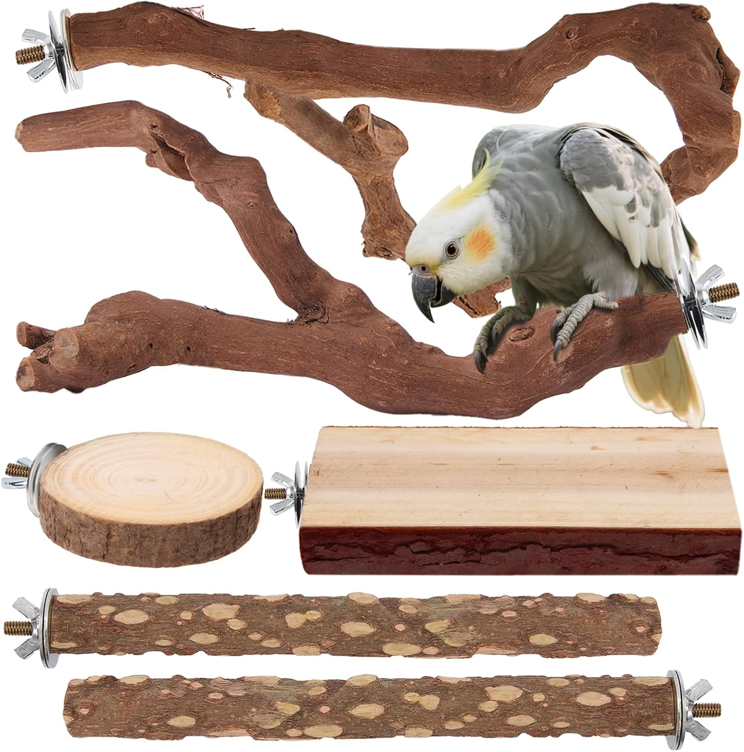 Parrot Perch Bird Perch Stand Set Natural Wild Wood Grape Sticks Paw Grinding Fork Parakeet Climbing Standing Branches Toys Cage Accessories for Conure,Cockatiels Lovebirds,Budgies Chewable 6PC