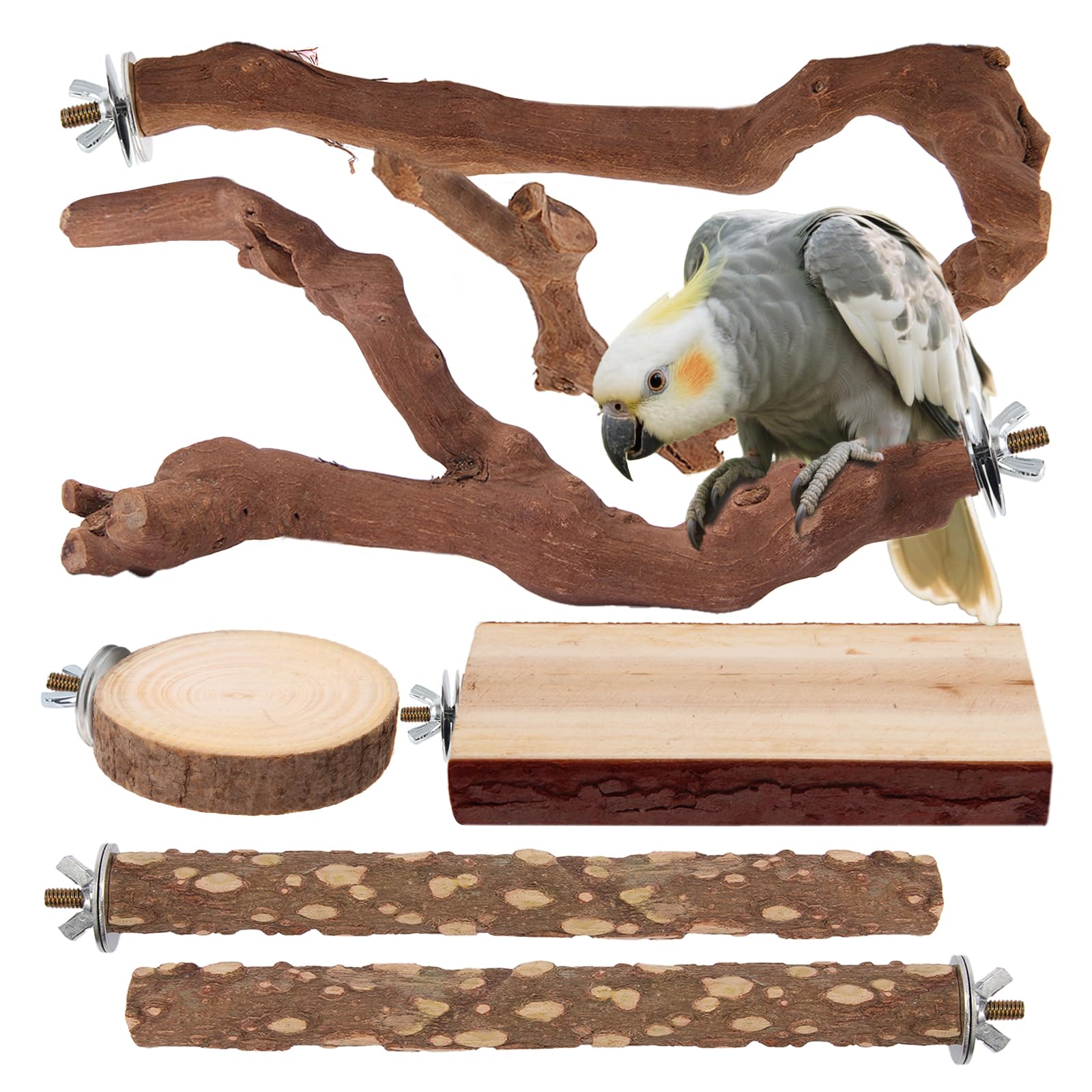 Parrot Perch Bird Perch Stand Set Natural Wild Wood Grape Sticks Paw Grinding Fork Parakeet Climbing Standing Branches Toys Cage Accessories for Conure,Cockatiels Lovebirds,Budgies Chewable 6PC