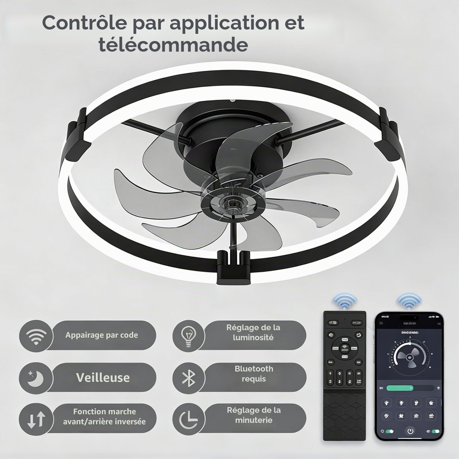 ASJK Plafonnier ventilateur LED 50 cm avec télécommande, 60 W 6000 lm, 6 vitesses, éclairage réglable, minuterie 2 h et rotation réversible, noir