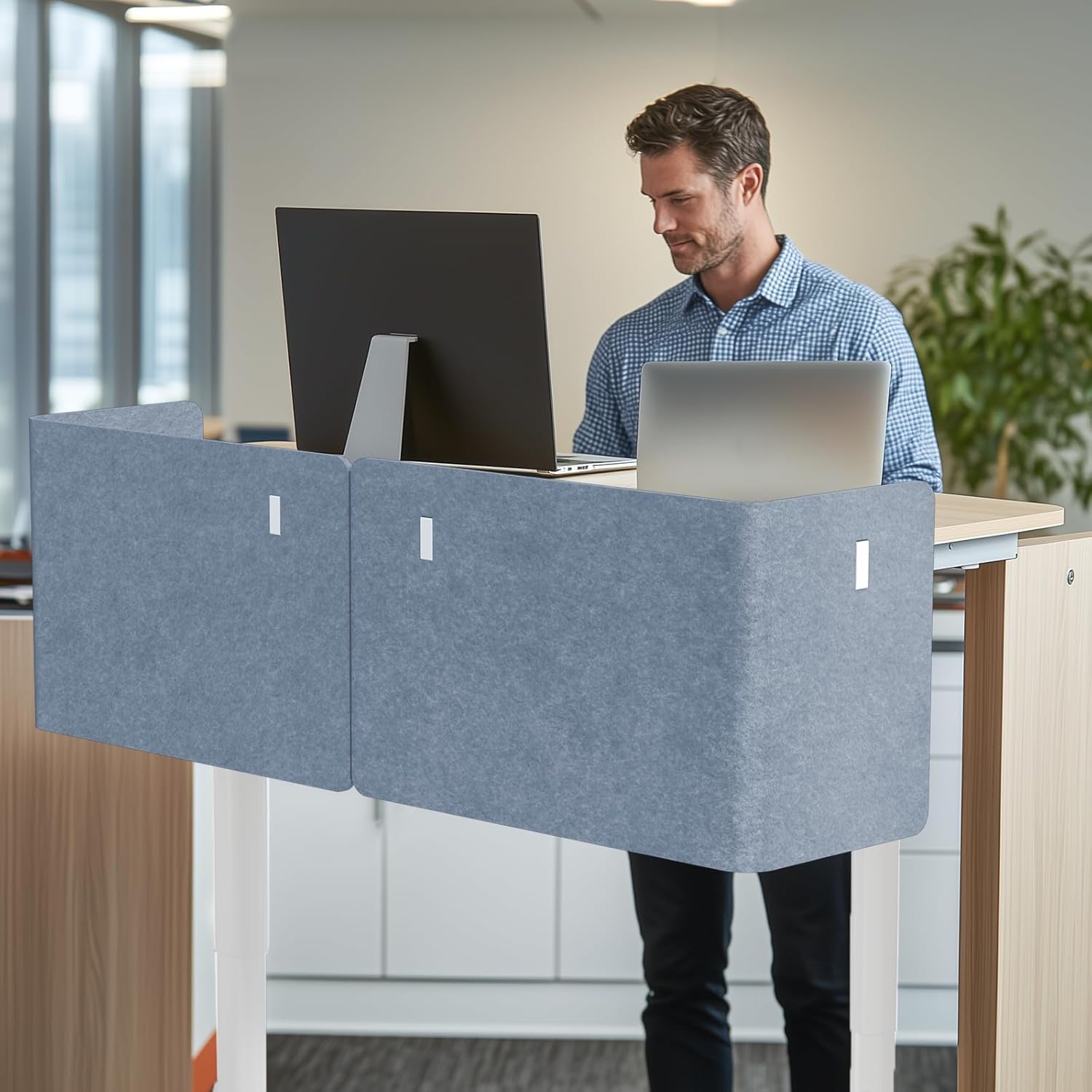 Desk Privacy Panel,2PCS L-Shaped Clamp-On Office Desk Divider,2-in-1 Adjustable Acoustic Desktop Partition Or Under Desk Modesty Panel,for Office,Home,Felt(Blue, 47.2" x 17.7")