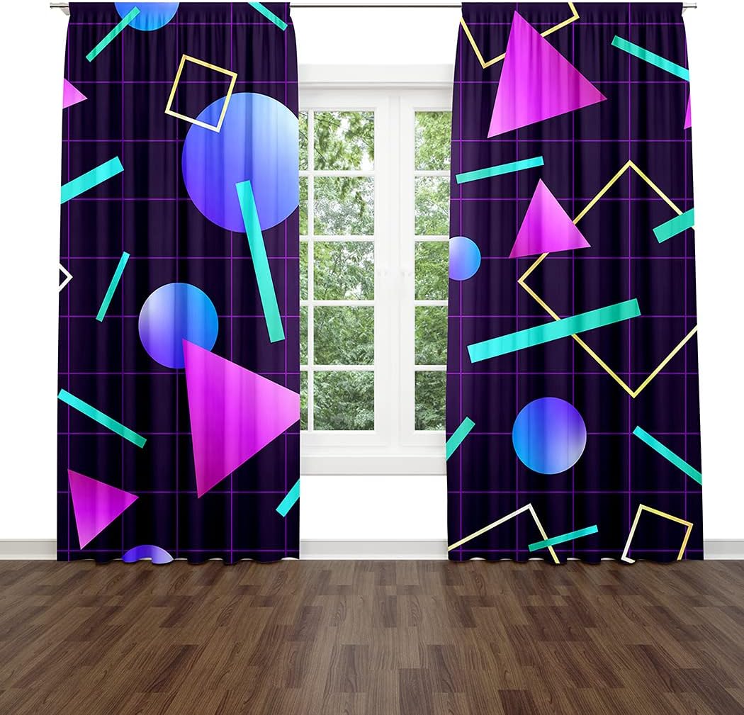 Geometric Window Drapes Curtain Vaporwave 80'S Style Retro 1980S Neon Party Geometric Graphic Rod Pocket Drapes Curtain for Living Room Home Decor 21x63 Inches 2 Panels